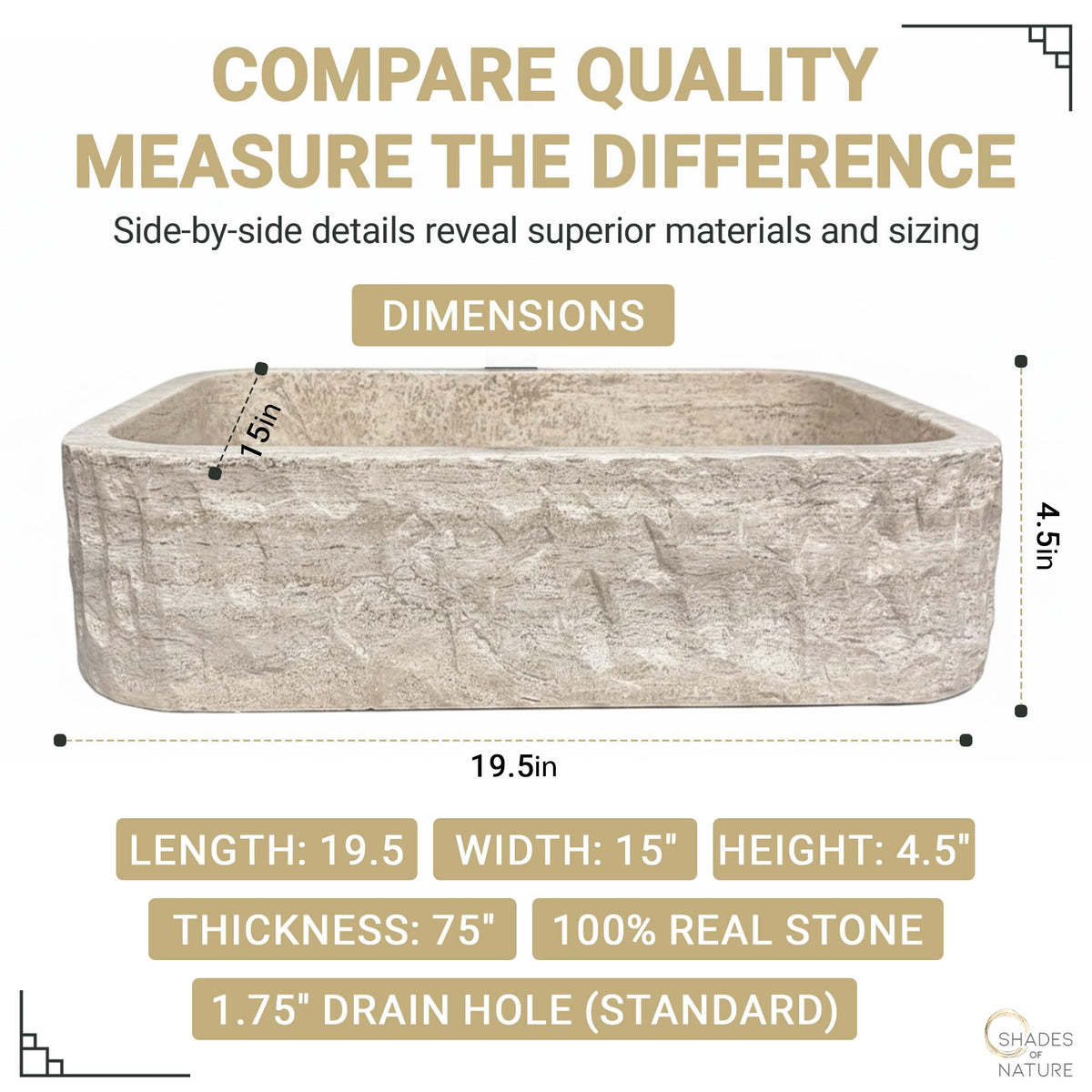 Shades of Nature Rectangular Travertine Vessel Sink, Natural Stone Wash Basin, Hand-Carved Bathroom Sink, Chiseled Exterior, Polished Interior, Above Counter Vanity (Soap Tray Included)