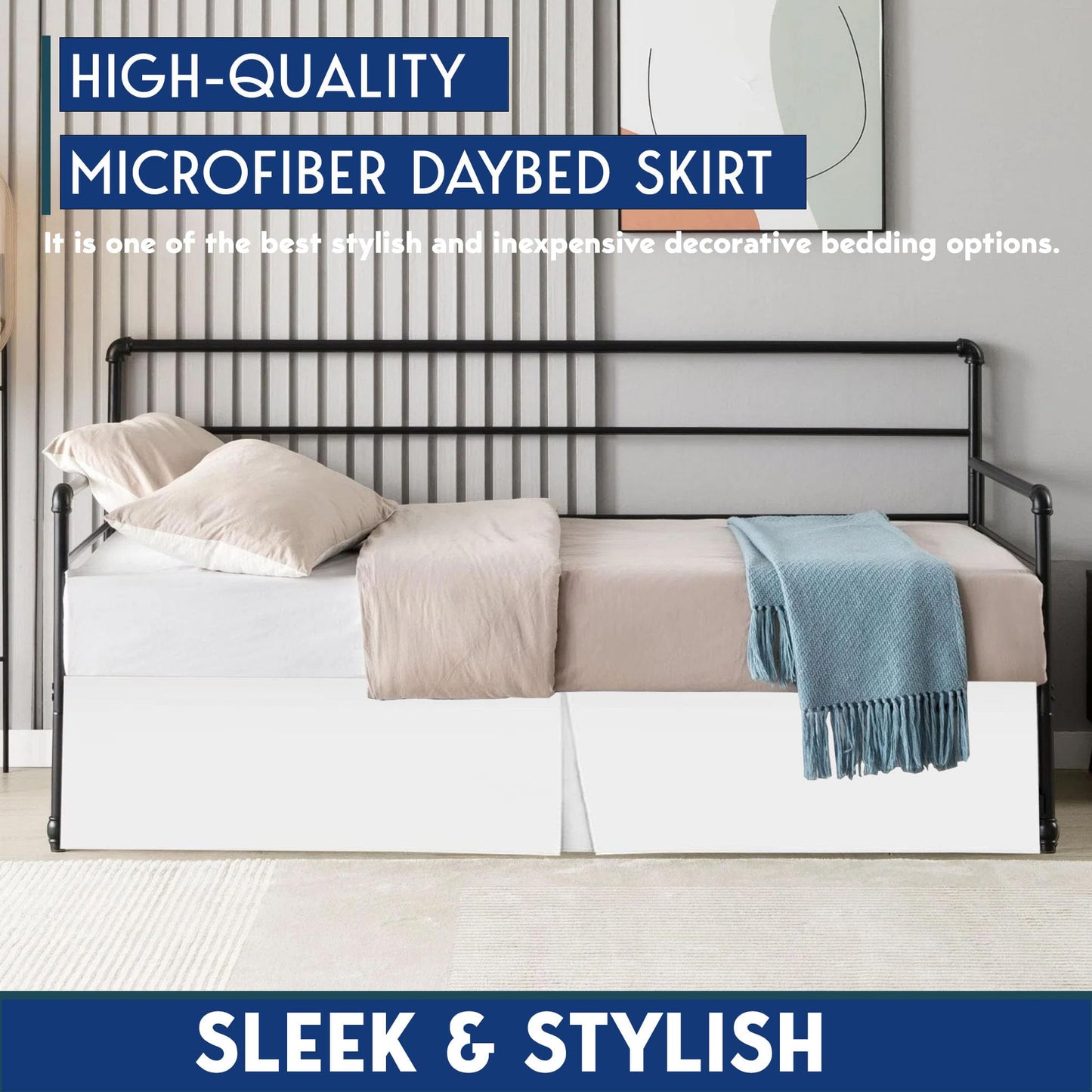 Pleated Daybed Skirt with Split Corners Twin Size - 14 Inch Tailored Drop Easy Fit - Pleated Daybed Dust Ruffle - 100% Microfiber Soft, Wrinkle-Free Daybed Bedskirt (White, Twin-14 Drop)