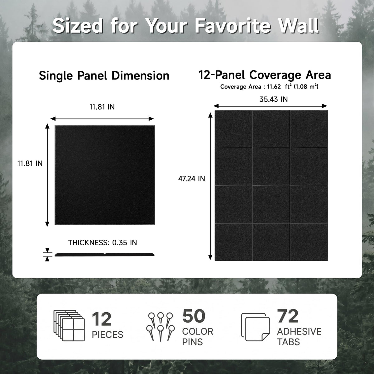 MISSDAY Black Acoustic Wall Panel Felt Bulletin Board 48" x 36" Cork Board for Wall, 12-Pack Boards with 72 Removable Adhesive Tabs, 50 Pins, Pin Board for Home Office Classroom Soundproof Wall Tile