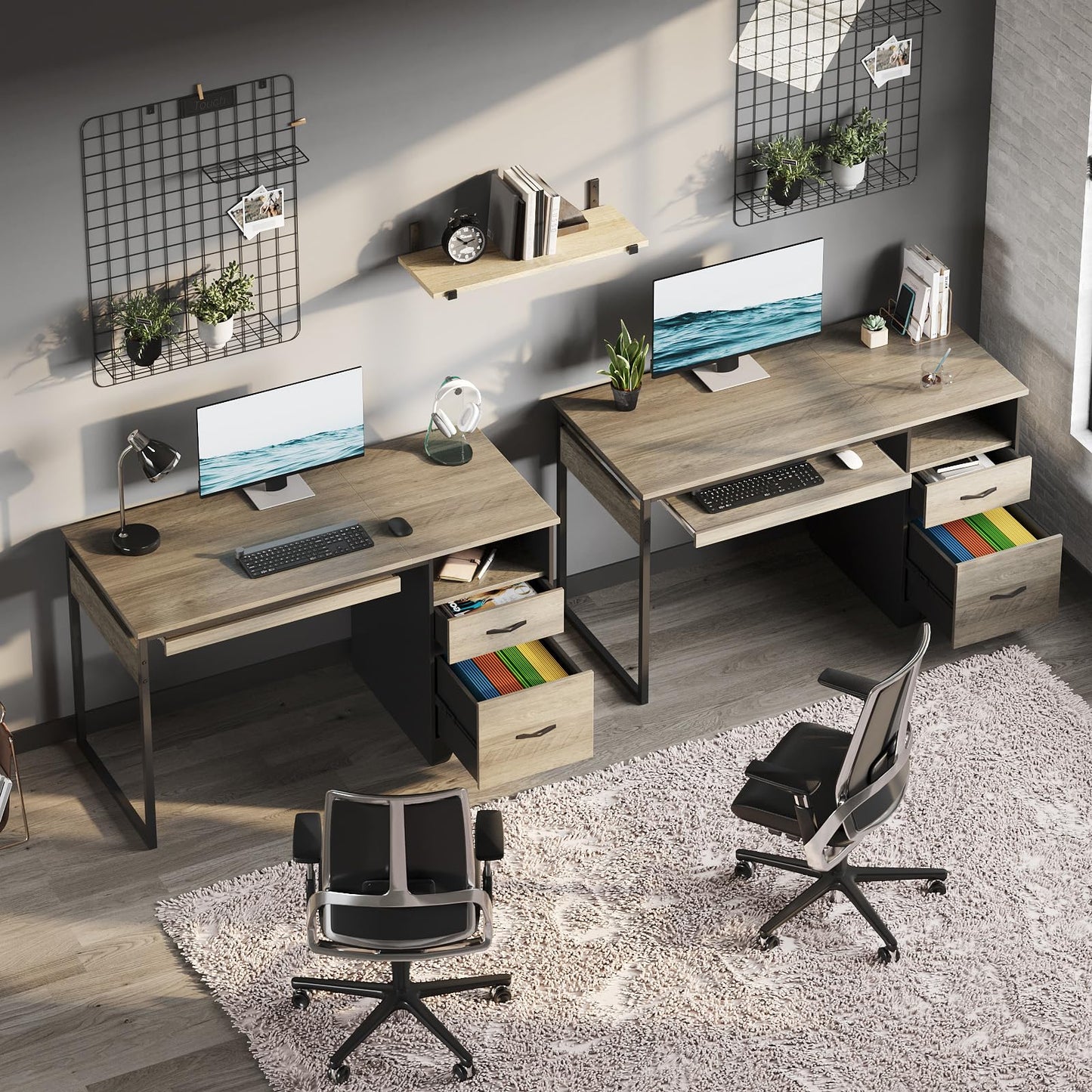 Bestier 48” Computer Desk with Drawers, Office Desk with Storage, Industrial Wood Writing Desk with File Drawer, Keyboard Tray & 2 Hooks for Home Office & Studio, Gray