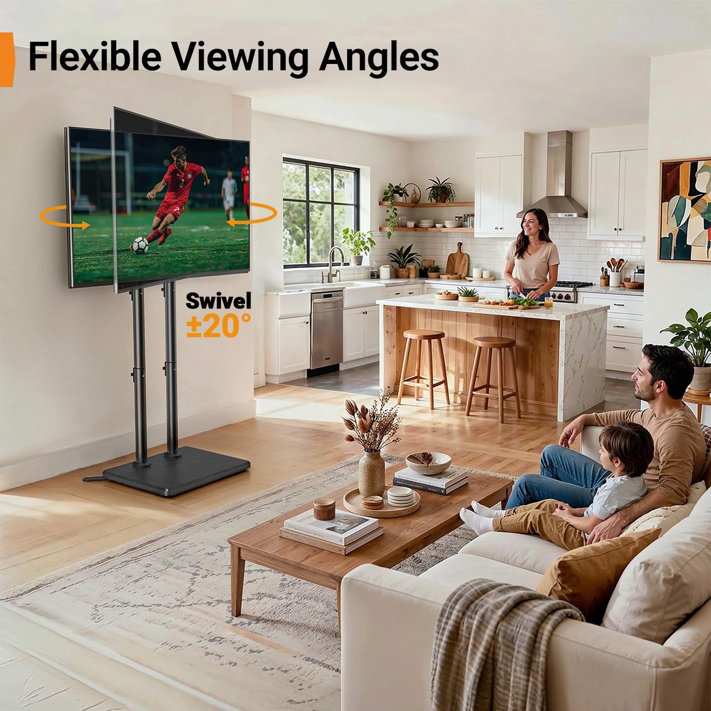 Perlegear Universal Floor TV Stand for 32–70" TVs up to 110 lbs, Height-Adjustable Tall TV Stand with Solid Wood Base & Extra-Stable Anti-Tip Feet, Swivel TV Mount for Bedroom, VESA 400x400, PGFLS34B