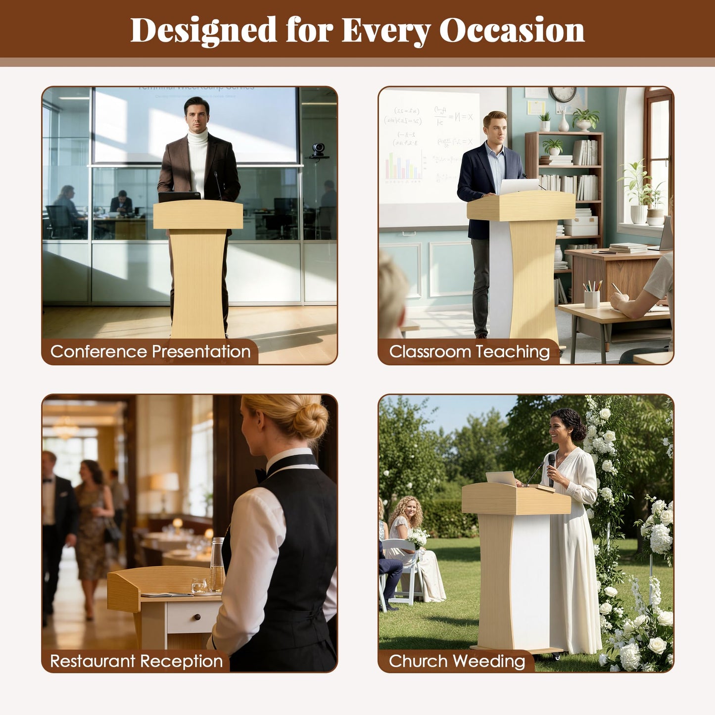 Qriocioa Podium Stand with Metal Wheels Wooden Lectern Podium Stand Portable Pulpit Standing with Storage Mobile Reception Podiums Desk for Church Office School Conference Restaurant Meeting,Wood
