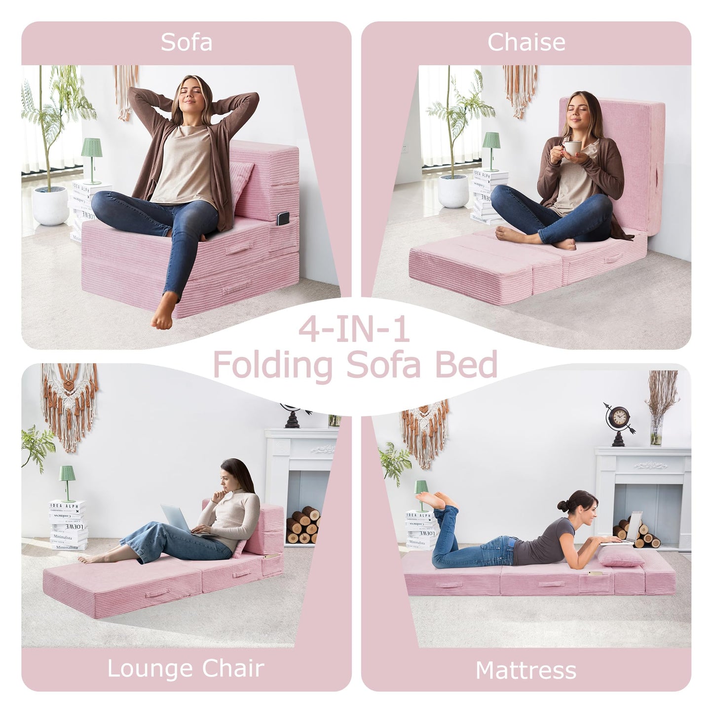 HILERO Folding Sofa Bed, 4 in 1 Convertible Sleeper Chair with Pillow, Single Memory Foam Fold Out Chair Bed, Modern Floor Futon Sofa Couch Mattress for Living Room/Guest/Apartment, Pink