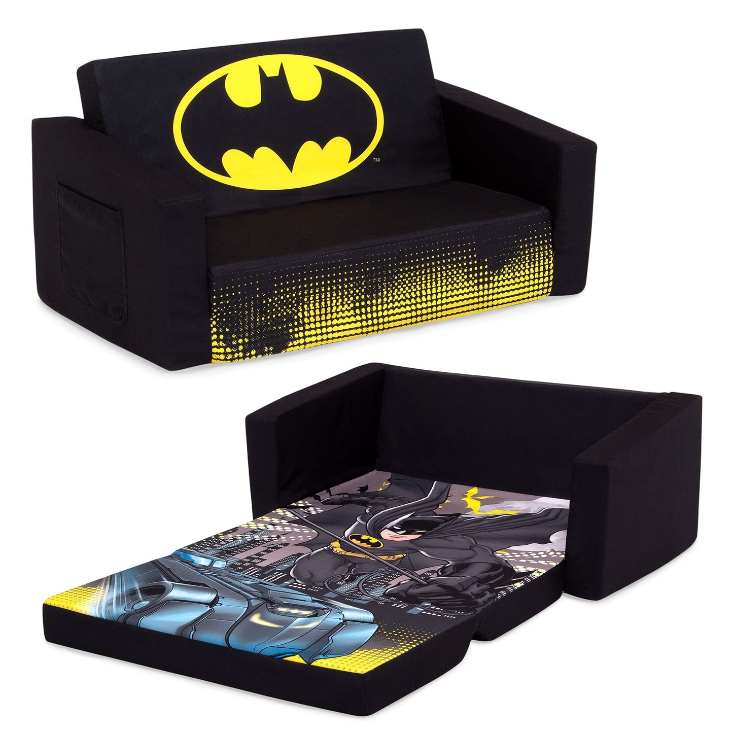 Delta Children Batman Cozee Flip-Out Sofa - 2-in-1 Convertible Sofa to Lounger for Kids Design & Store 6 Bin Toy Storage Organizer, Batman,Engineered Wood