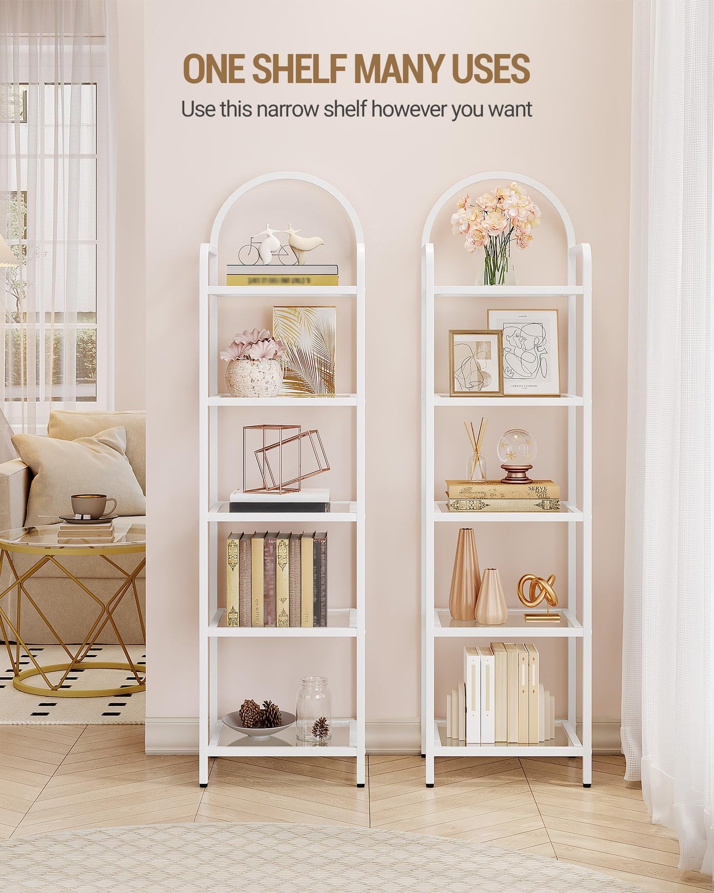 Hzuaneri Bookcase Bookshelf, Tempered Glass Bookshelves, Slim Shelving Unit for Bedroom, Bathroom, Home Office, Steel Frame, 5 Tier White BC05099W