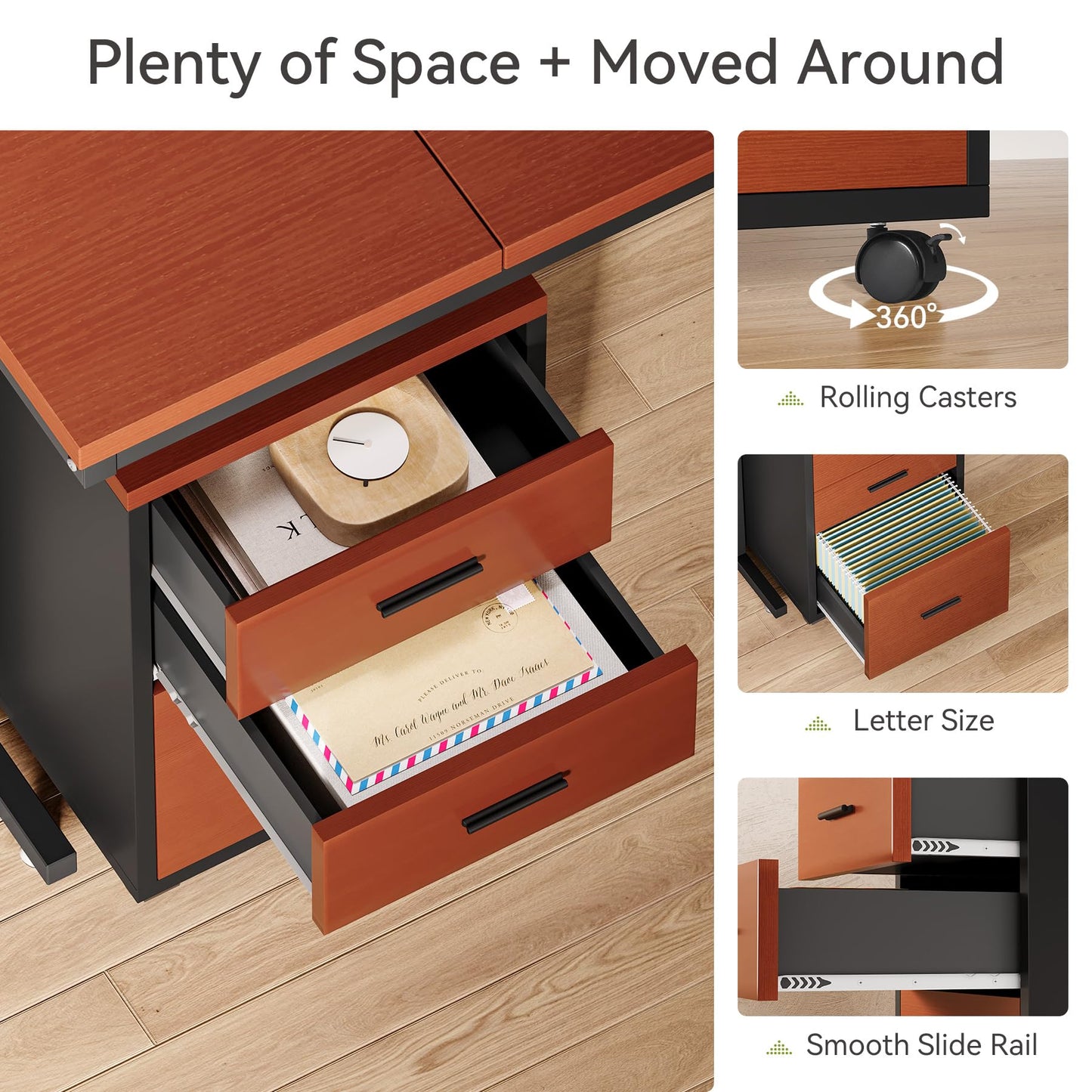LITTLE TREE 82.67" Long Executive Desk with Drawers, Large L-Shaped Office Desk with Mobile File Cabinet, Farmhouse Computer Office Furniture Workstation with Storage for Home Office, Red Brown