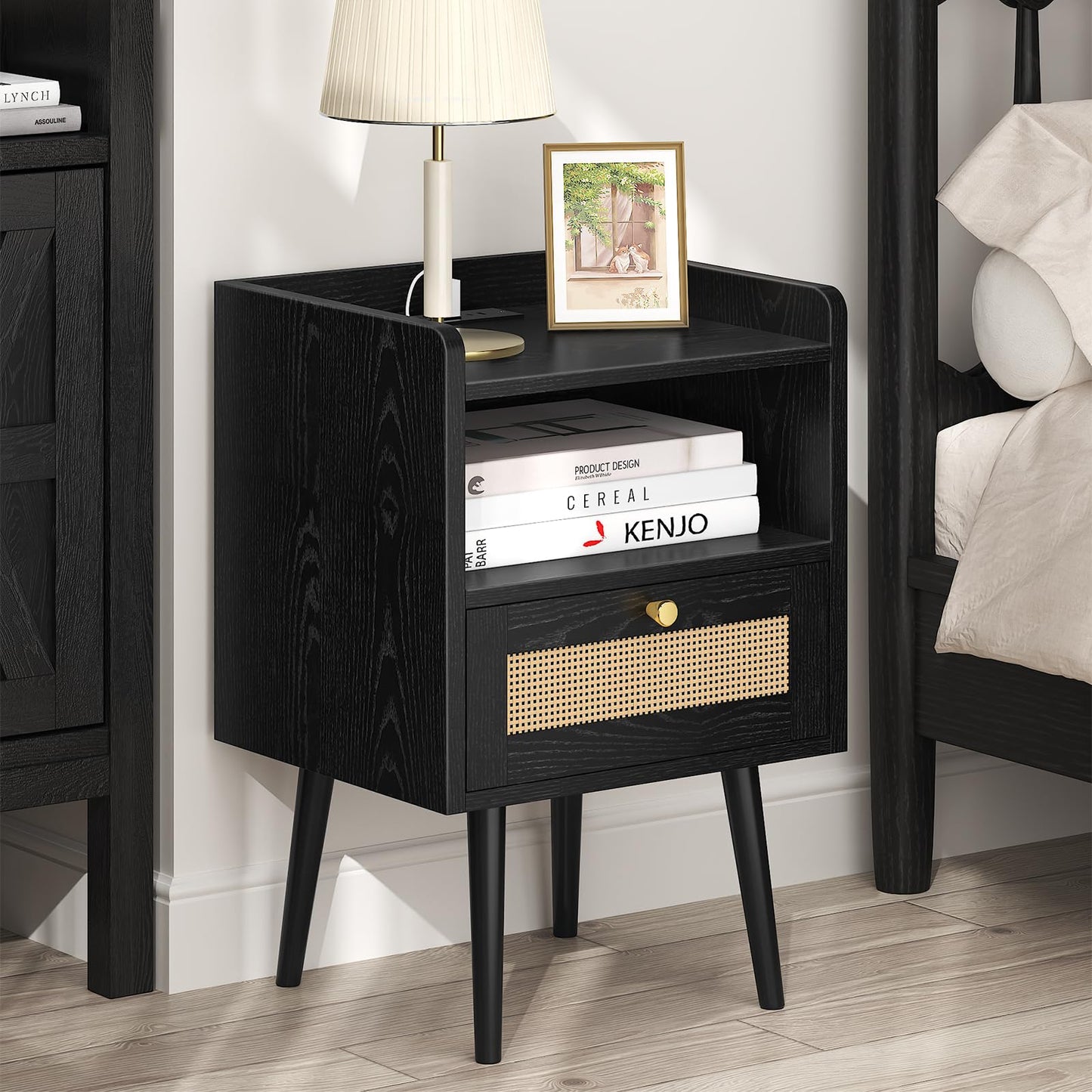 MECHYIN Night Stand Set 2, Nightstands Set of 2 with Charging Station, Rattan Side Tables with Solid Wood Legs, Boho Bedside End Table for Apartment Bedroom Dorm Small Space