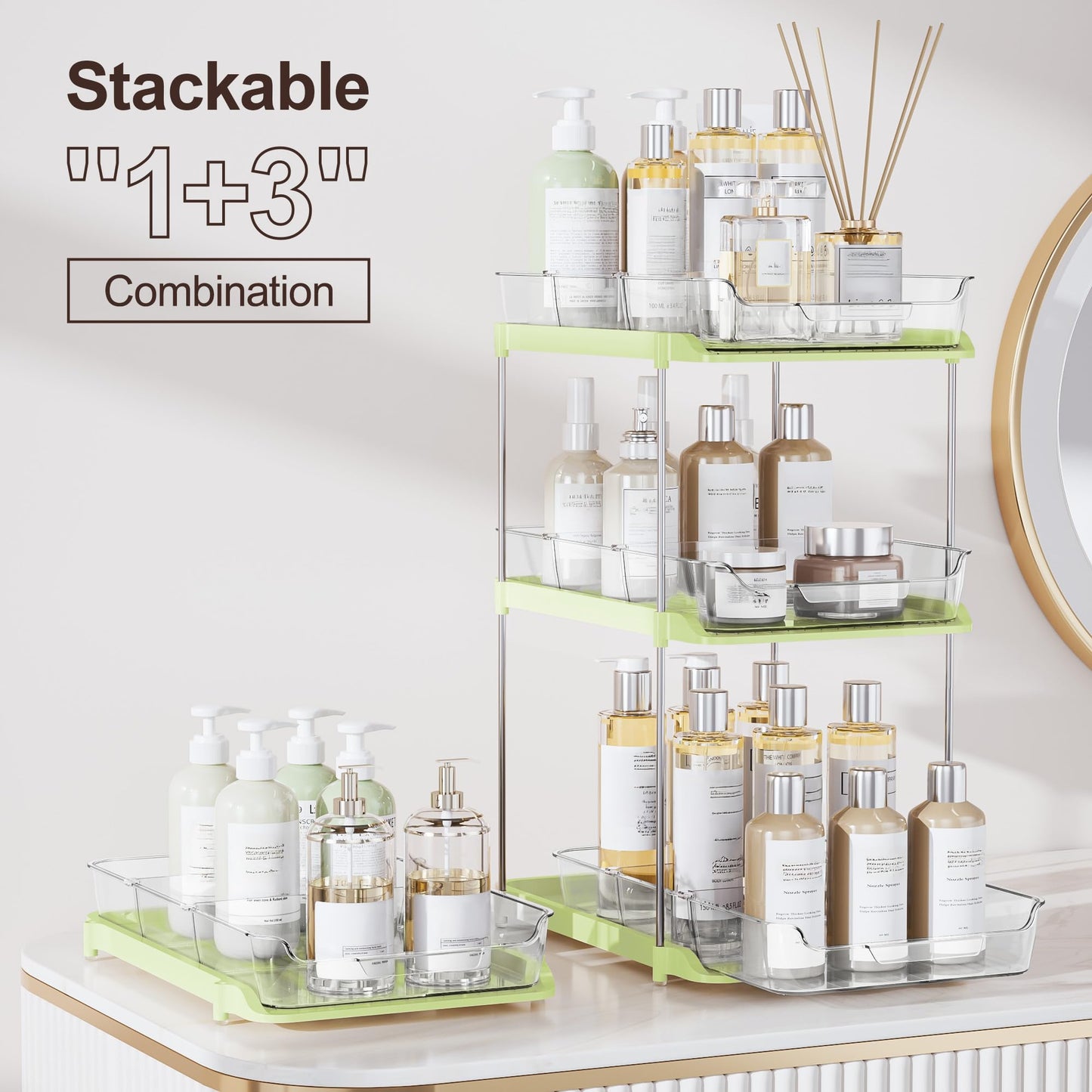 Delamu 2-Tier Multi-Purpose Bathroom Under Sink Organizers and Storage, Stackable Kitchen Pantry Organization, Pull Out Medicine Cabinet Organizer with Movable Dividers, Green, 2 Pack