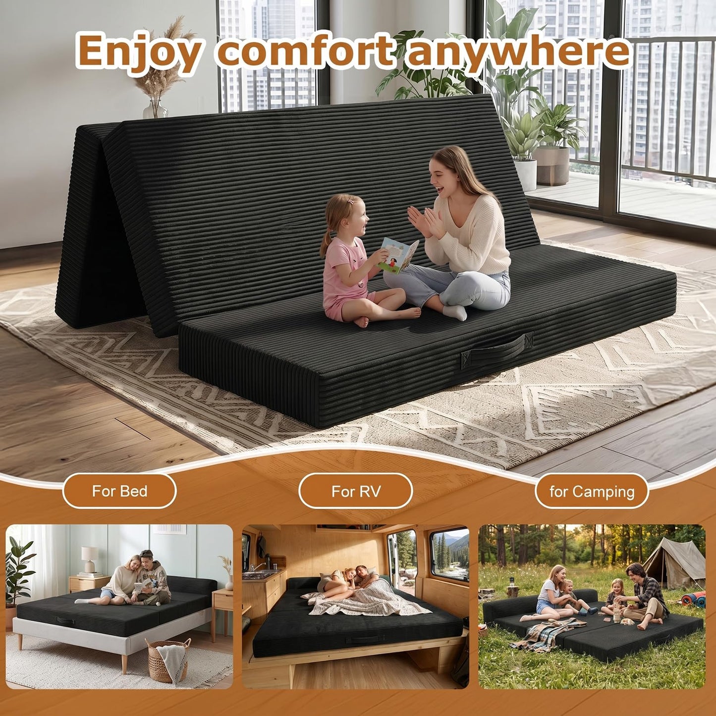 5 in 1 Foldable Floor Sofa Bed, Tri-Fold Memory Foam Futon Mattress, Convertible Sleeper Couch Guest Bed, Portable Fold Out Sofa Couch for Living Room Apartment Office Guest Room