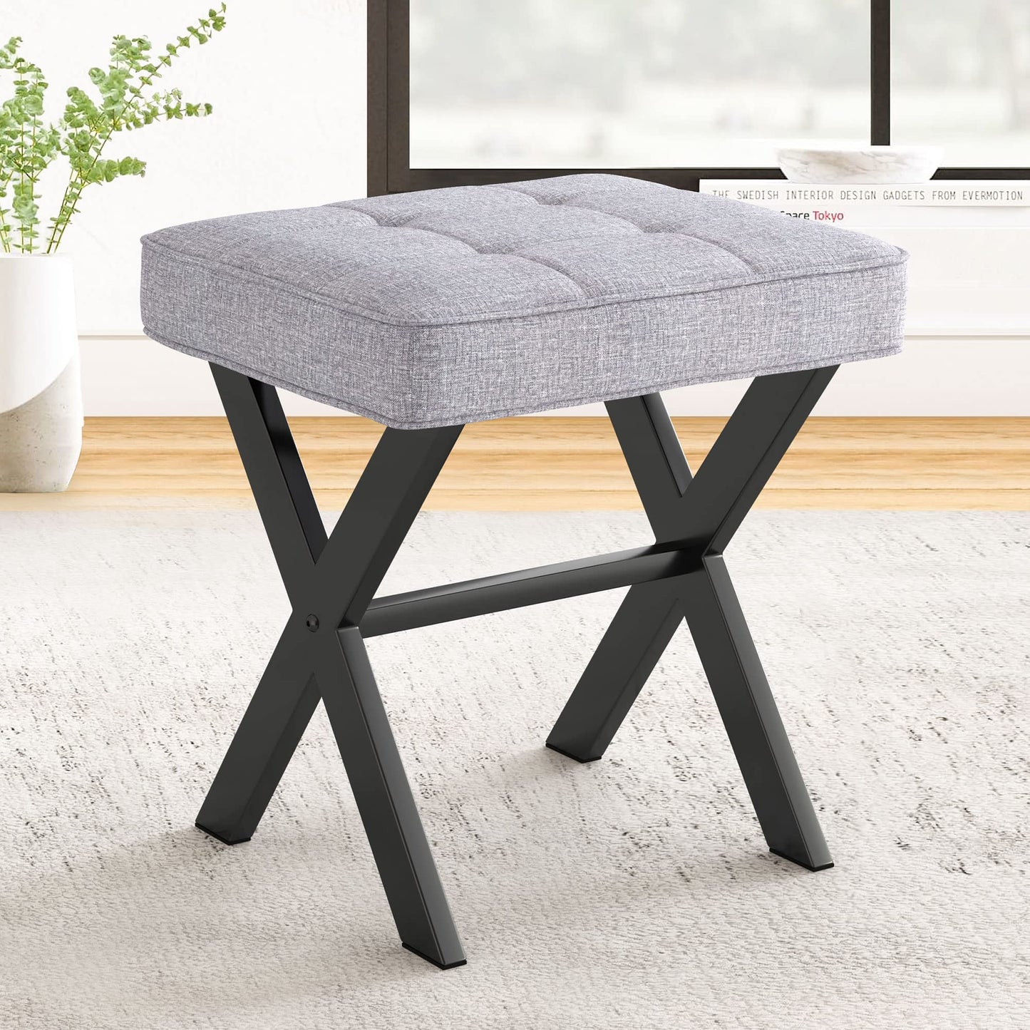 LUE BONA Vanity Stool - Square Linen Makeup Seat With Metal X Legs, Small Ottoman Chair for Makeup Room, Living Room, Bathroom - Modern Padded Foot Rest, Dark Gray
