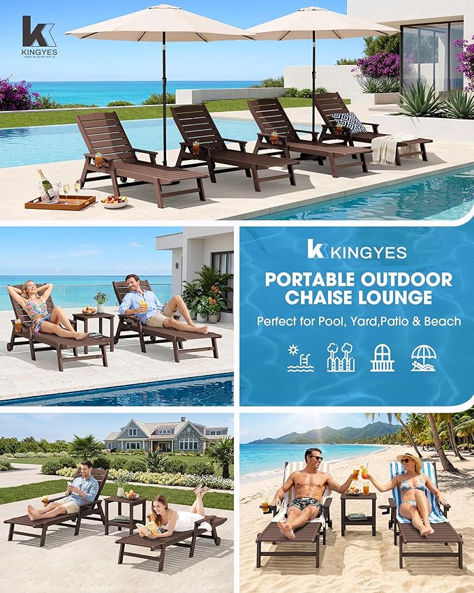 KINGYES HDPE Lounge Chair Outdoor Set of 2, Patio Chaise Lounge Recliner