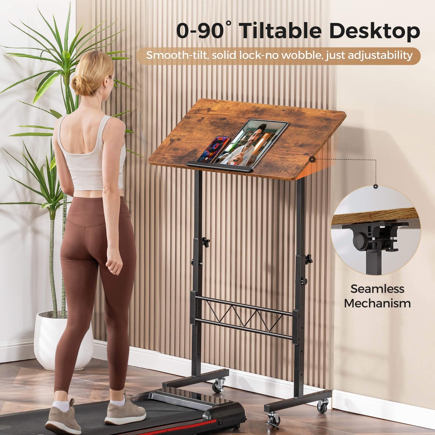 COMHOMA Standing Desk Adjustable Height & Tiltable Tabletop, Portable Stand Up Desk for Laptop, Mobile Folding Desk for Home Office Work and Walking Pad Treadmill, Height 30.7"-46.4", Brown
