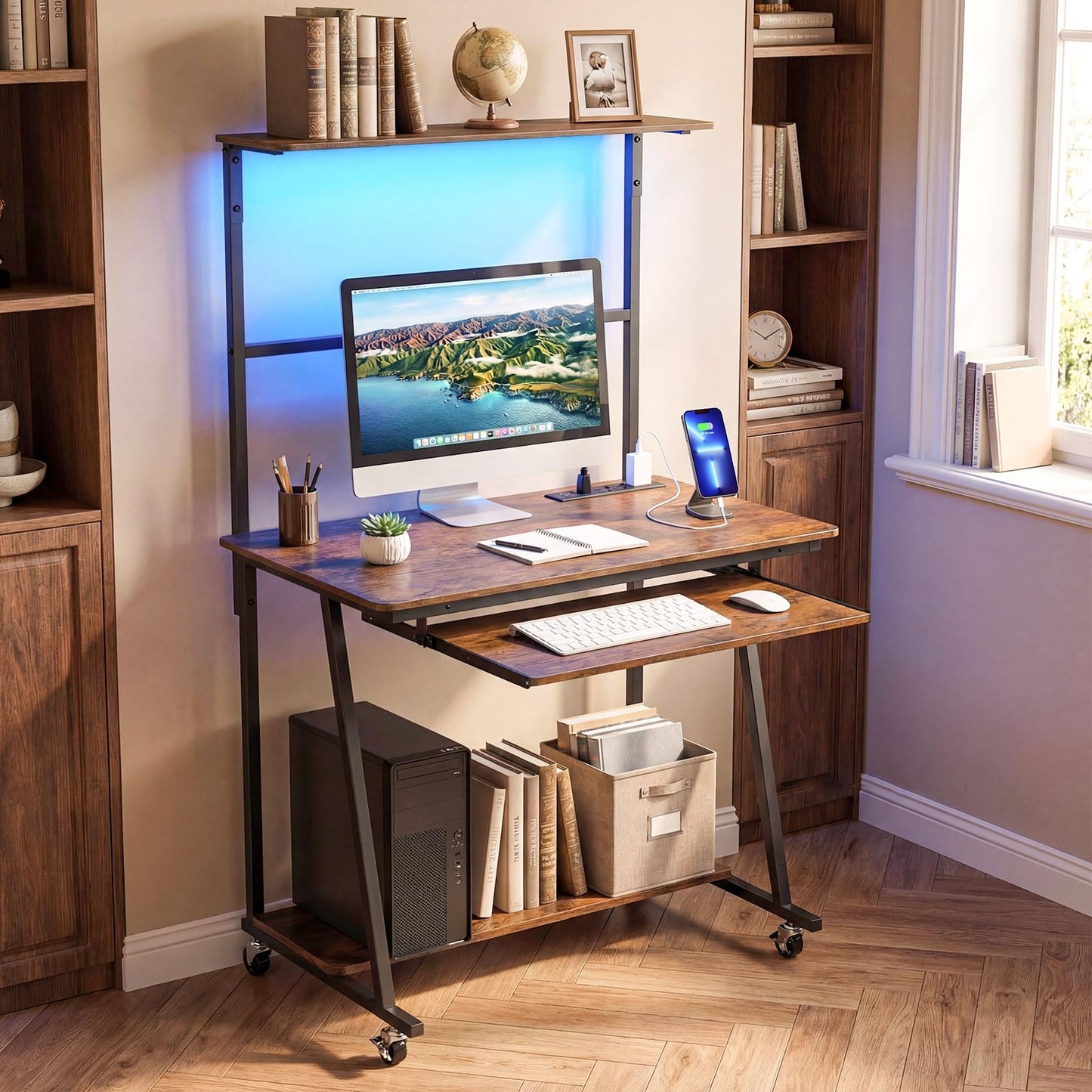 Giantex 31.5" Small Computer Desk with Charging Station & LED Lights, Rolling Home Office Desk w/Hutch, Keyboard Tray & Bottom Shelf, Study Writing Gaming Workstation Table for Bedroom, Rustic Brown
