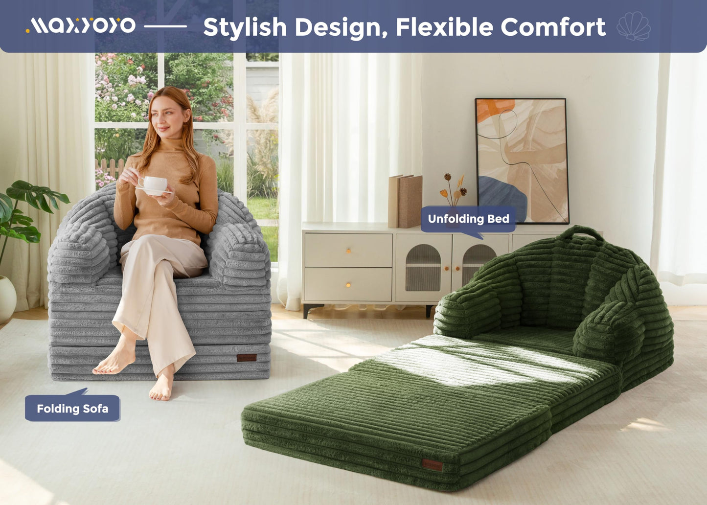 MAXYOYO Folding Sofa Bed, 2 in 1 Convertible Sofa to Lounger Comfy Faux Fur Bean Bag Chair for Adults, Floor Single Couch Chair with Handle, Couch Bed for Living Room Bedroom, Grey