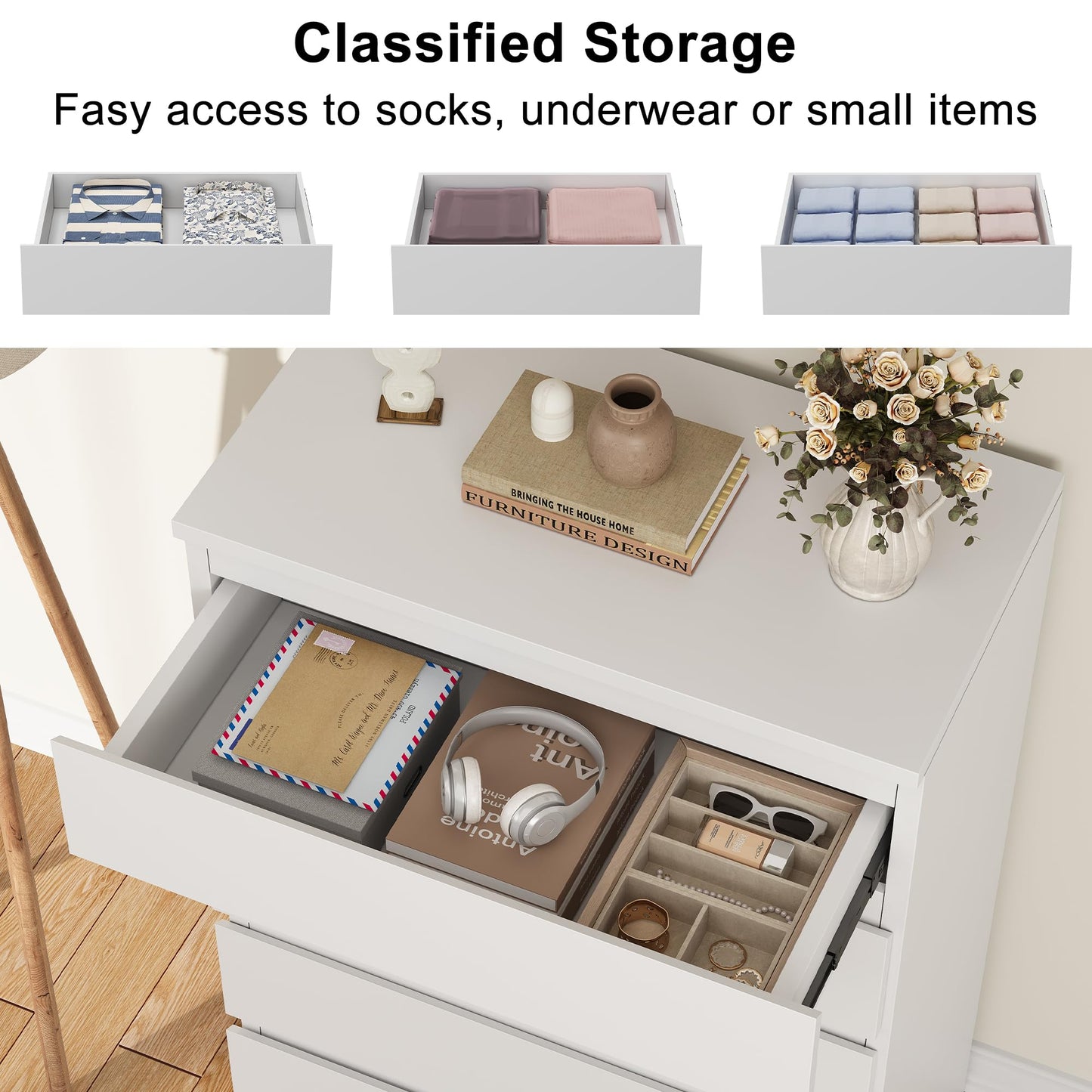 Jocoevol White 5 Drawer Dresser for Bedroom, 15" D x 23.7" W x 40.4" H in Simply Modern Chest of Drawers, Wood Storage Dresser with Deep Drawers for Living Room Hallway Entryway, White