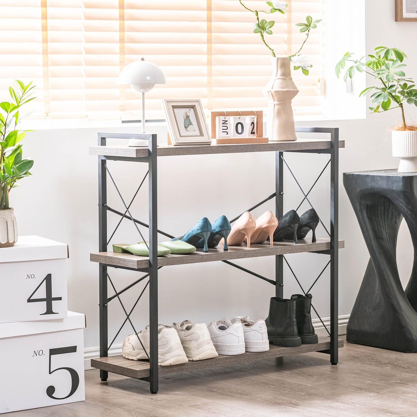 HCHQHS Bookshelf, 3-Tier Industrial Bookcase, Rustic Open Book Shelf, Freestanding Horizontal Bookshelves with Metal Frame