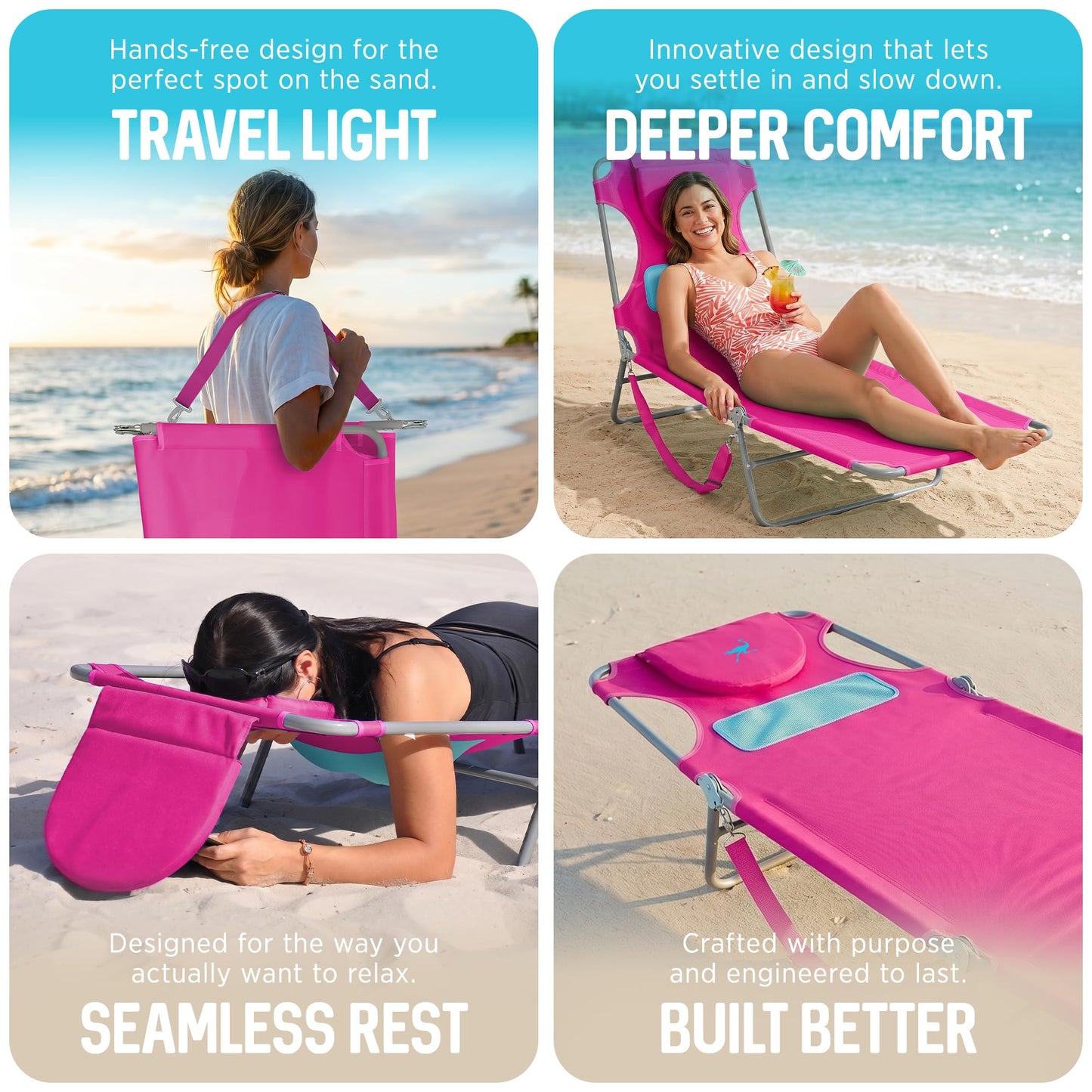 Ostrich the Ladies Comfort Lounger with Chest Support, Foldable and Portable Reclining Outdoor Patio Beach Lawn Camping Pool Tanning Chair, Pink
