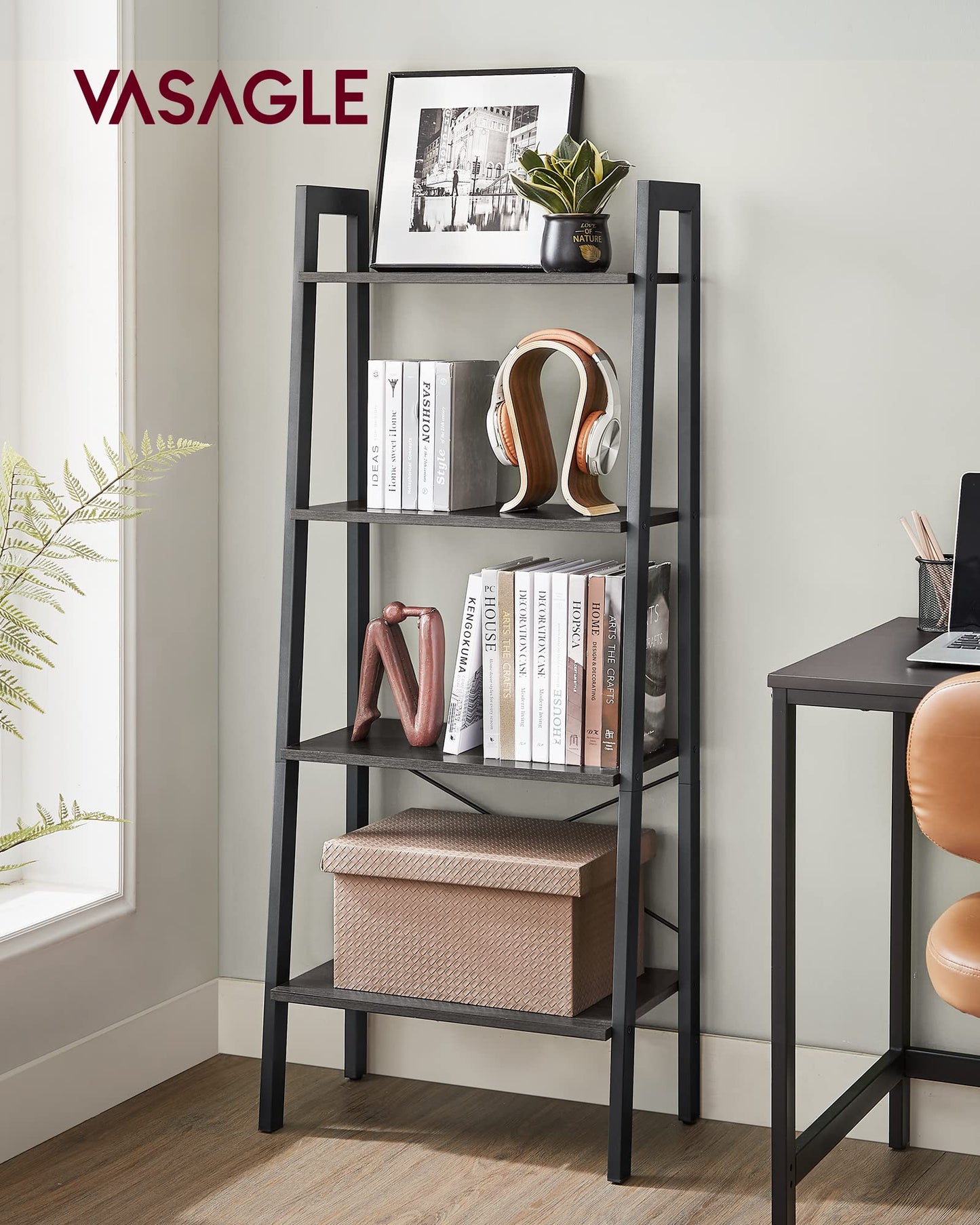 VASAGLE BARNET Collection - Ladder Shelf, Bookshelf, Storage Rack, Modern Bookcase for Living Room Home Office Kitchen, Steel Frame, 4-Tier, 22-Inch Wide, Charcoal Gray and Ink Black ULLS044B04