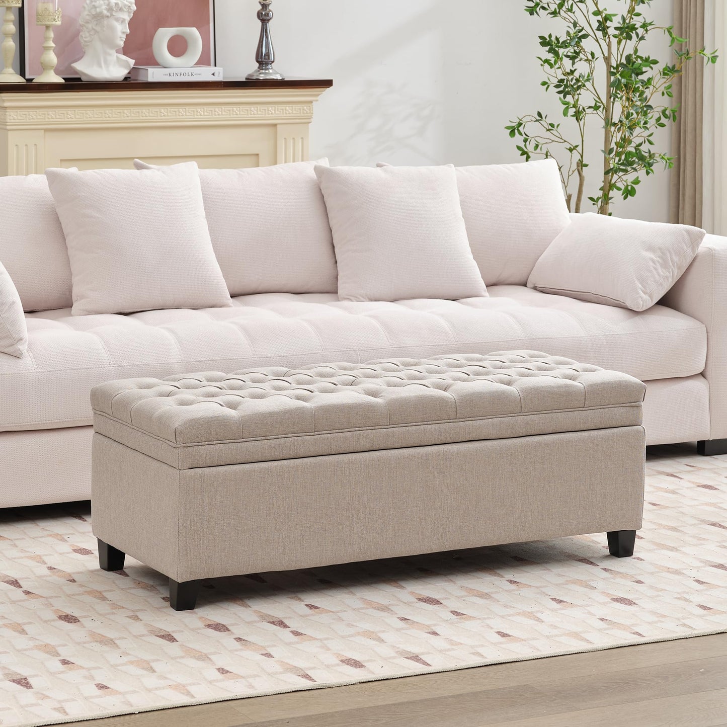 UDAX 51" Storage Ottoman for Bedroom & Living Room, End of Bed Bench with Black Wooden Legs, Linen Upholstered Tufted Ottoman, Entryway Storage Bench, Beige