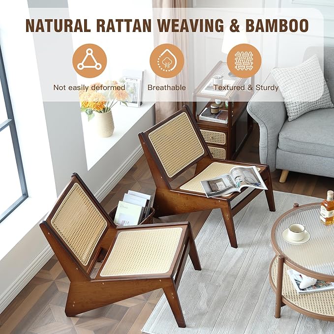 Welnow 2-Pcs Mid Century Rattan Accent Chair, Bamboo Wood Lounge Chair