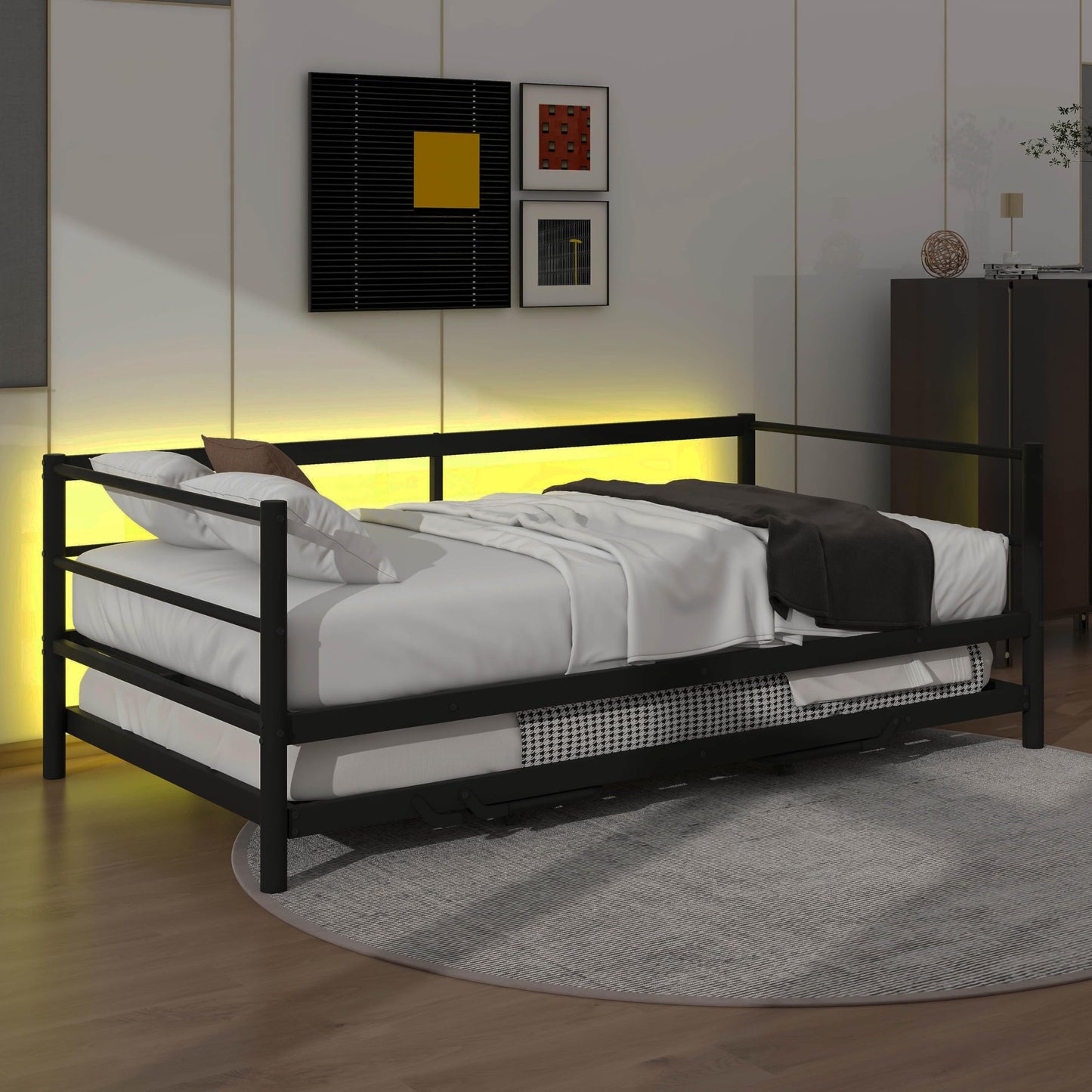 YunNianYang Twin Size Black Metal Daybed with LED and Adjustable Trundle