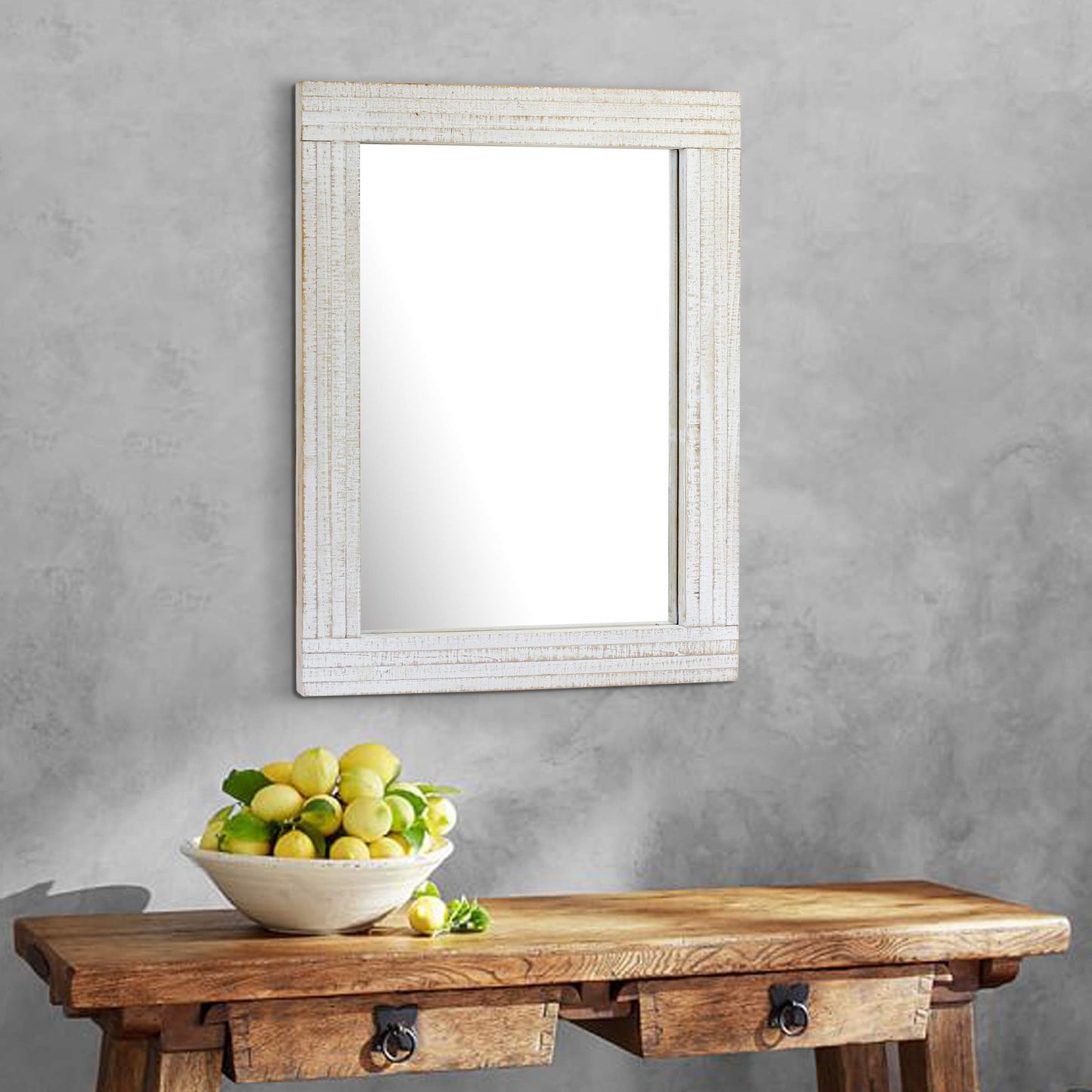 Stonebriar 24" x 18" Rectangle Worn White Wood Frame Wall Mirror with Attached Hanging Brackets, Decorative Country Rustic Decor for the Living Room, Bedroom, Bathroom, Hallway, and Entryway