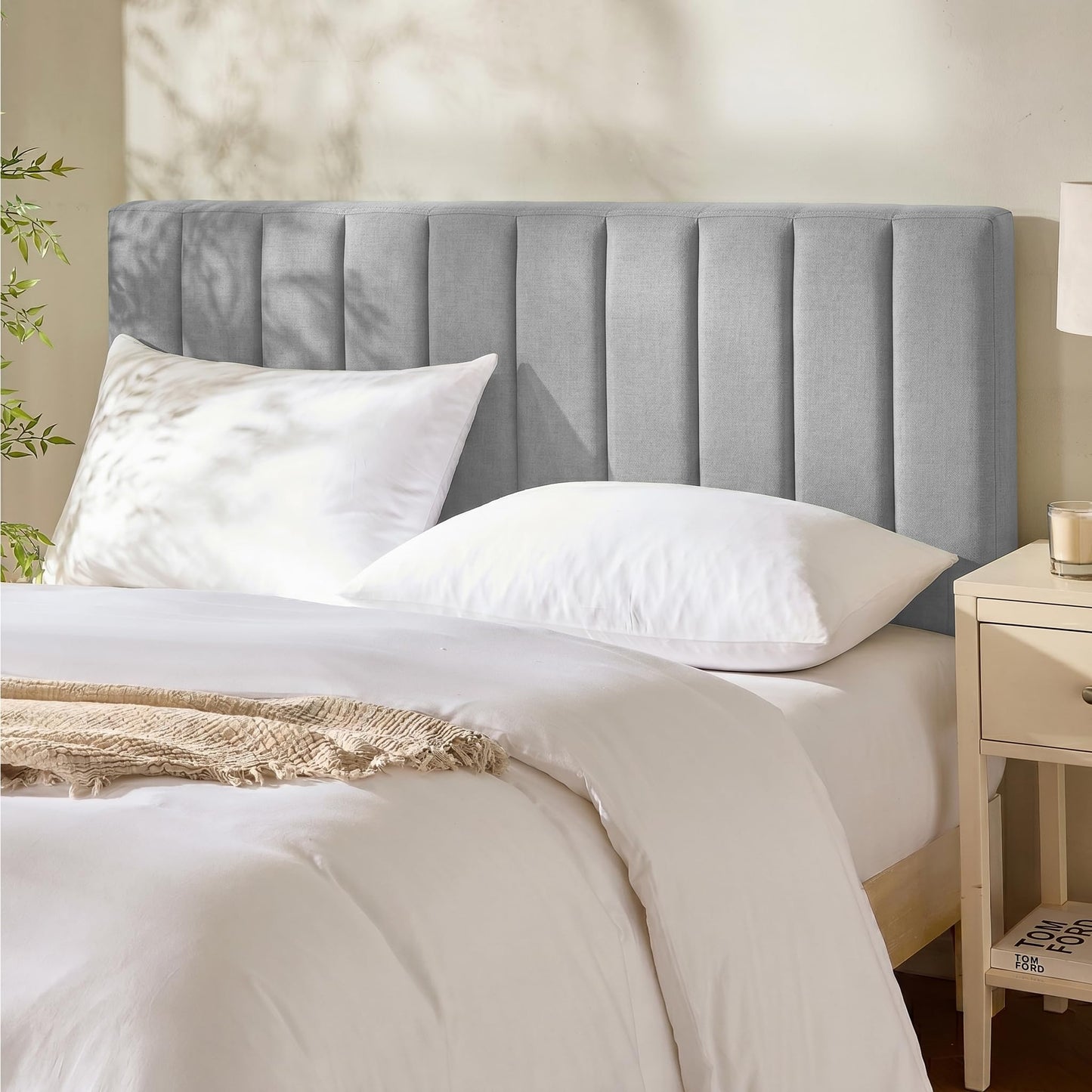 Hearth & Harbor Upholstered Queen Headboard - Easy Assemble Channel Stitched Headboard Queen Size - Wall Mounted Headboards with 3D Soundproof Wall Panels Peel & Stick Floating Headboards, Silver