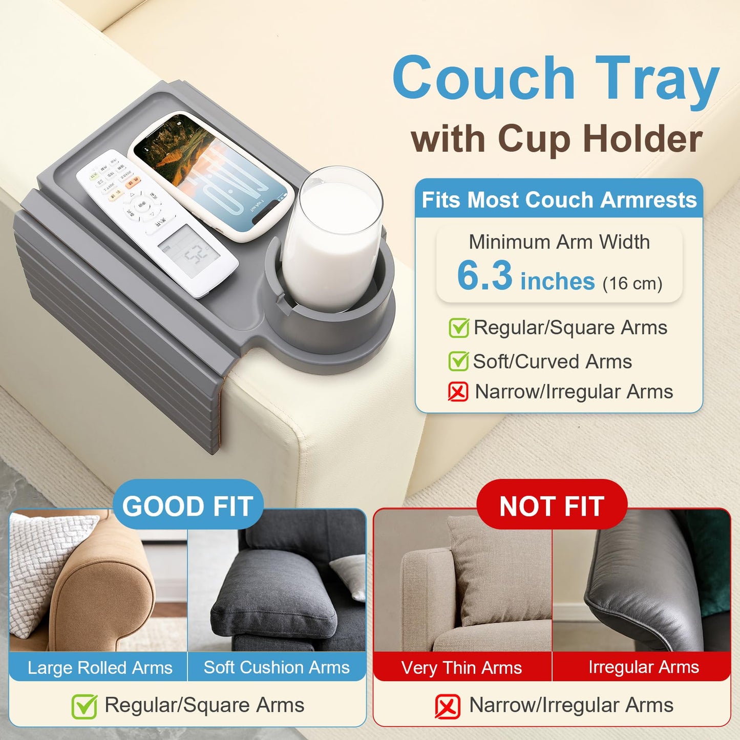 aisongdong Couch Cup Holder - 3 in 1 Couch Arm Table Tray with 360° Rotating Cup Holder for Couch,Anti-Slip Arm Chair Rest Table for Large Wide Sofa Armrest, Foldable Side Table for Drinks Snacks