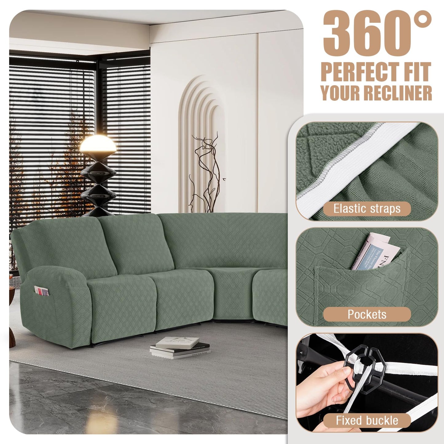 VANSOFY Extra Large Reclining Sectional Couch Covers, Washable 5-Piece Sofa Covers for L Shape Sectional Sofa Corner Seater, Thick, Soft Sofa Slipcovers (5 Seat Recliner Cover, Green)
