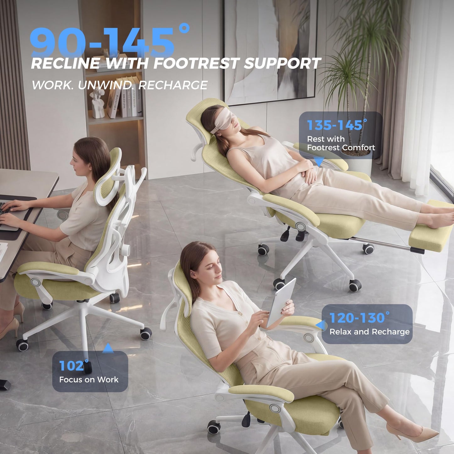 Ergonomic Office Chair with Footrest - Adjustable Lumbar Support & Headrest, 90-160° Reclining Mesh Back Computer Chair - Home Office/Gaming, 350lbs Capacity
