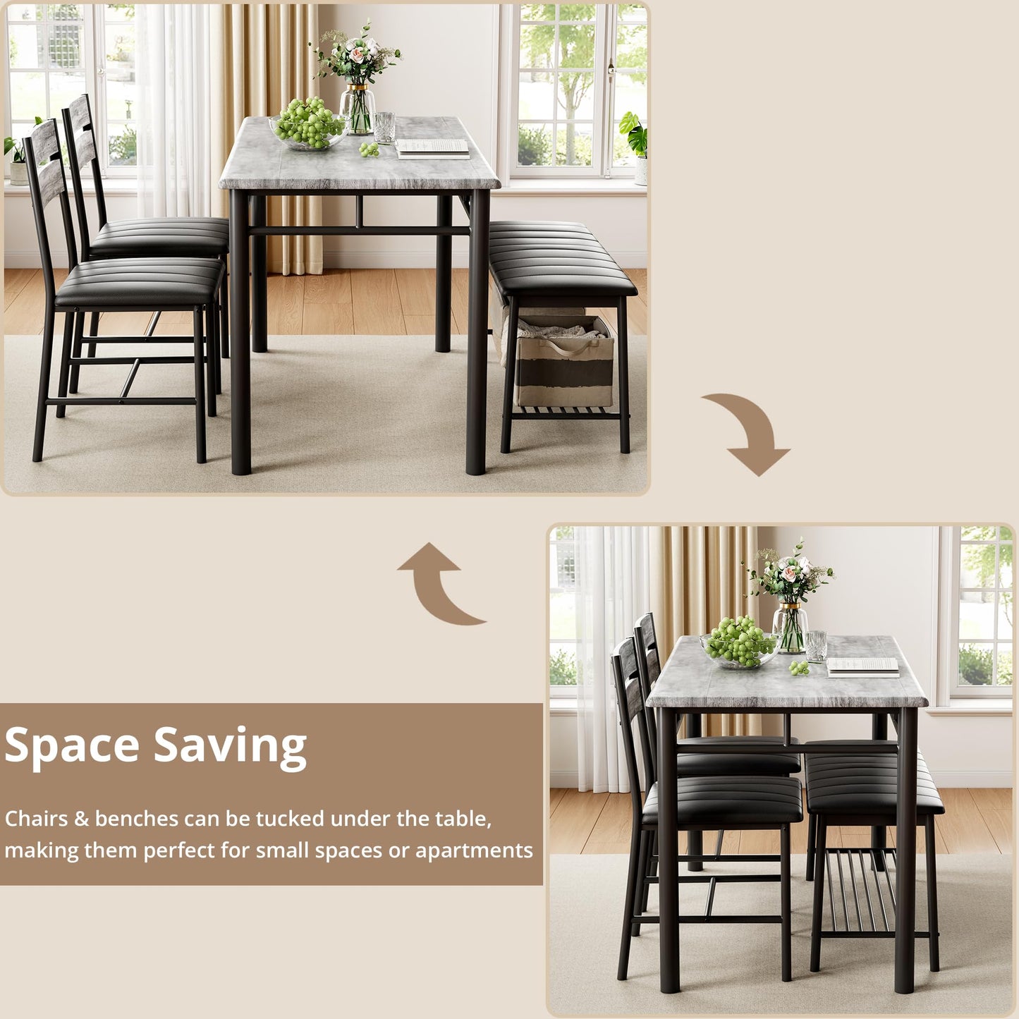 IRONCK Dining Table Set for 4, Kitchen Table with Upholstered Bench and 2 Chairs, Kitchen Table and Chairs Set for Small Space, Apartment, Gray