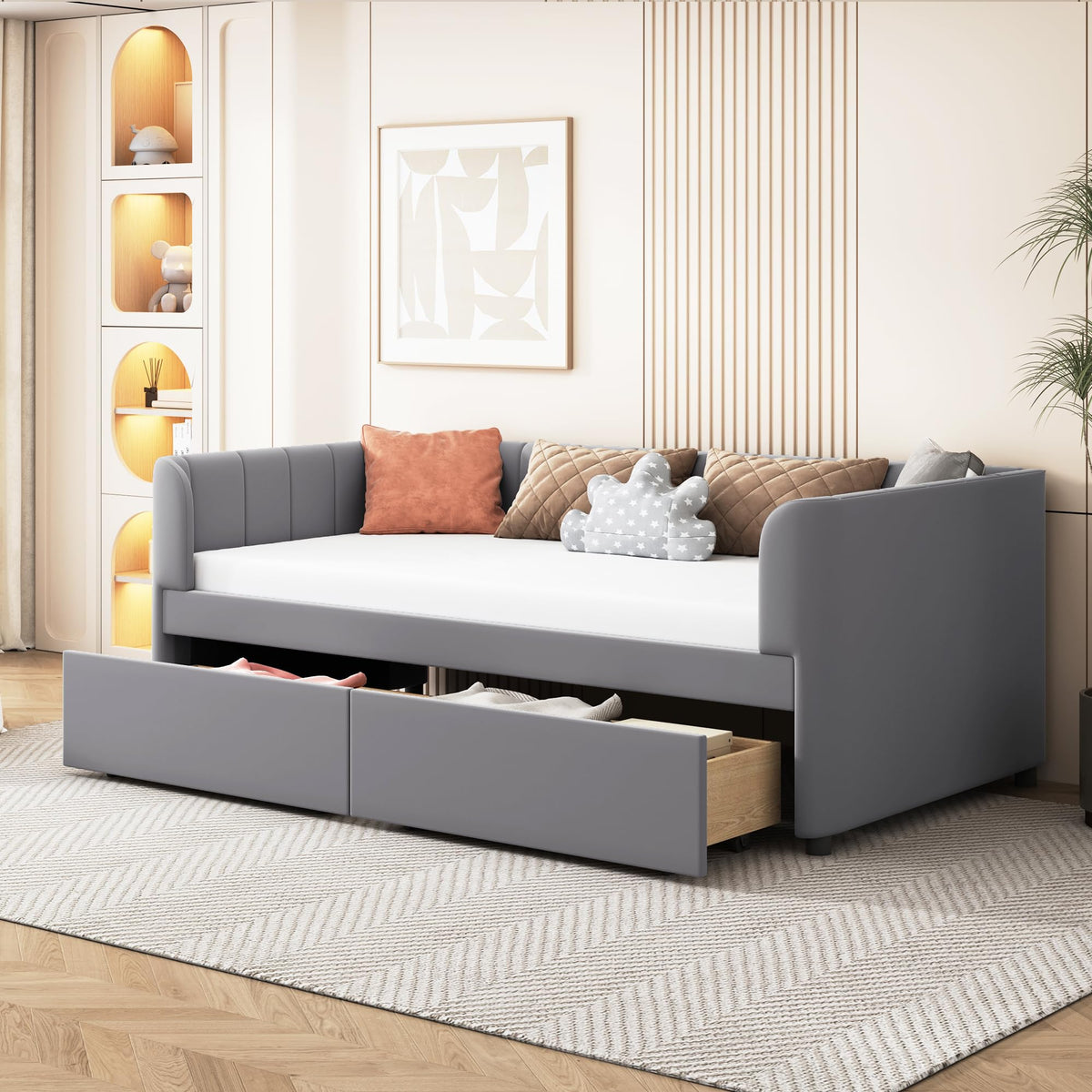 Bellemave Twin Size Daybed with 2 Storage Drawers & Upholstered Ergonomic Design Backrest,Velvet Day Bed Wood Slats, Modern Space Saving Sofabed for Bedroom,Living Room, Easy Assembly (Gary)