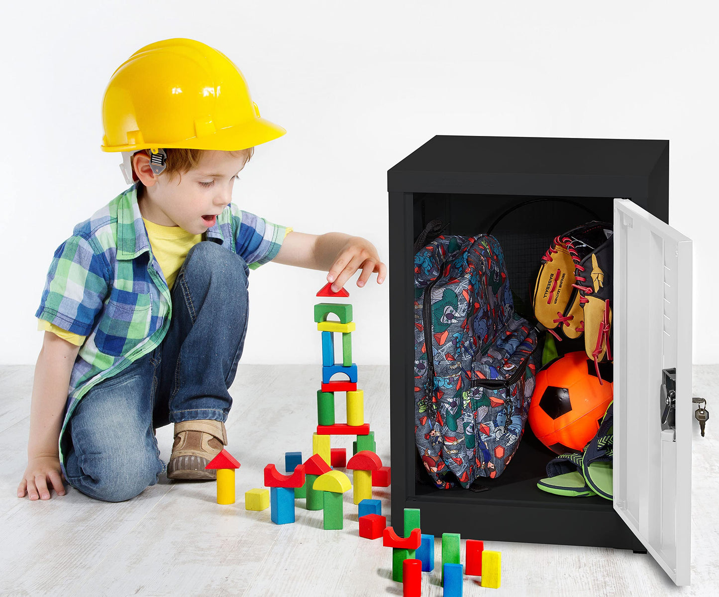AdirOffice Kids Steel Metal Storage Locker - Heavy Duty Storage Organizer with Key and Hanging Rods - Ideal for Home, Gym & School - (24 in 1 Door, Black/White)