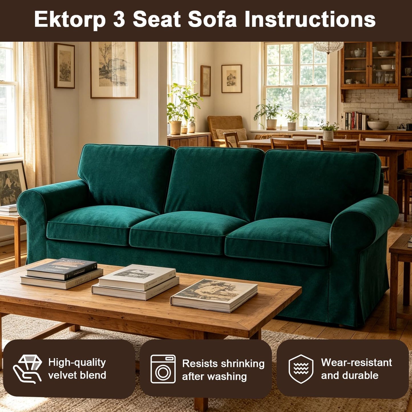 Velvet Pet-Friendly Replacement Sofa Cover Compatible for IKEA Ektorp 3 Seat Sofa Slipcovers, Couch Cover Only, 7-Piece Slipcover, Blue, Couch Cover Not Include The Sofa Body