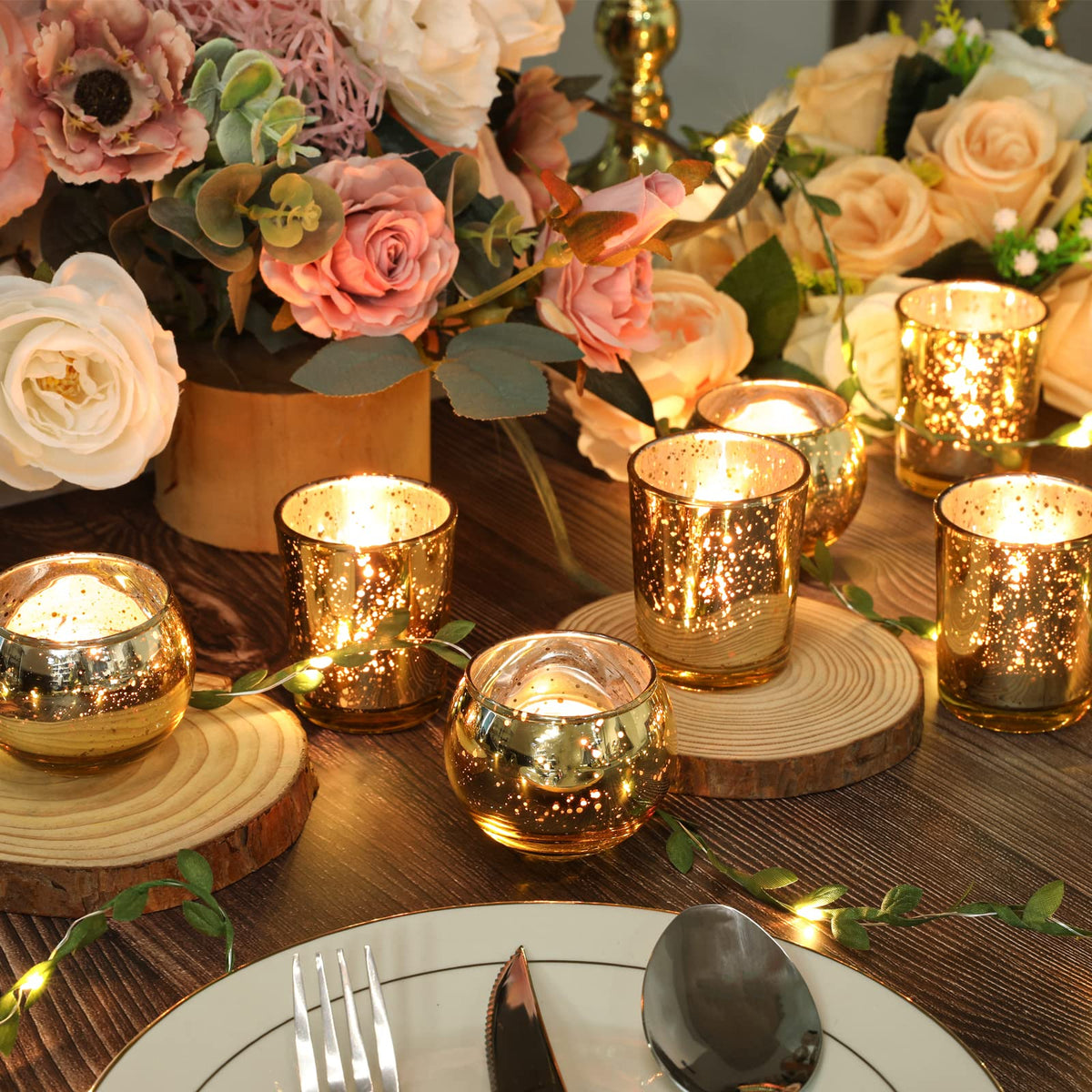 Gold Votive Candle Holders 12Pcs Assorted Gold Mercury Glass Votives Tealight Candle Holders for Table Centerpiece Wedding Bridal Shower Engagement Party Festival Holiday Home Decor