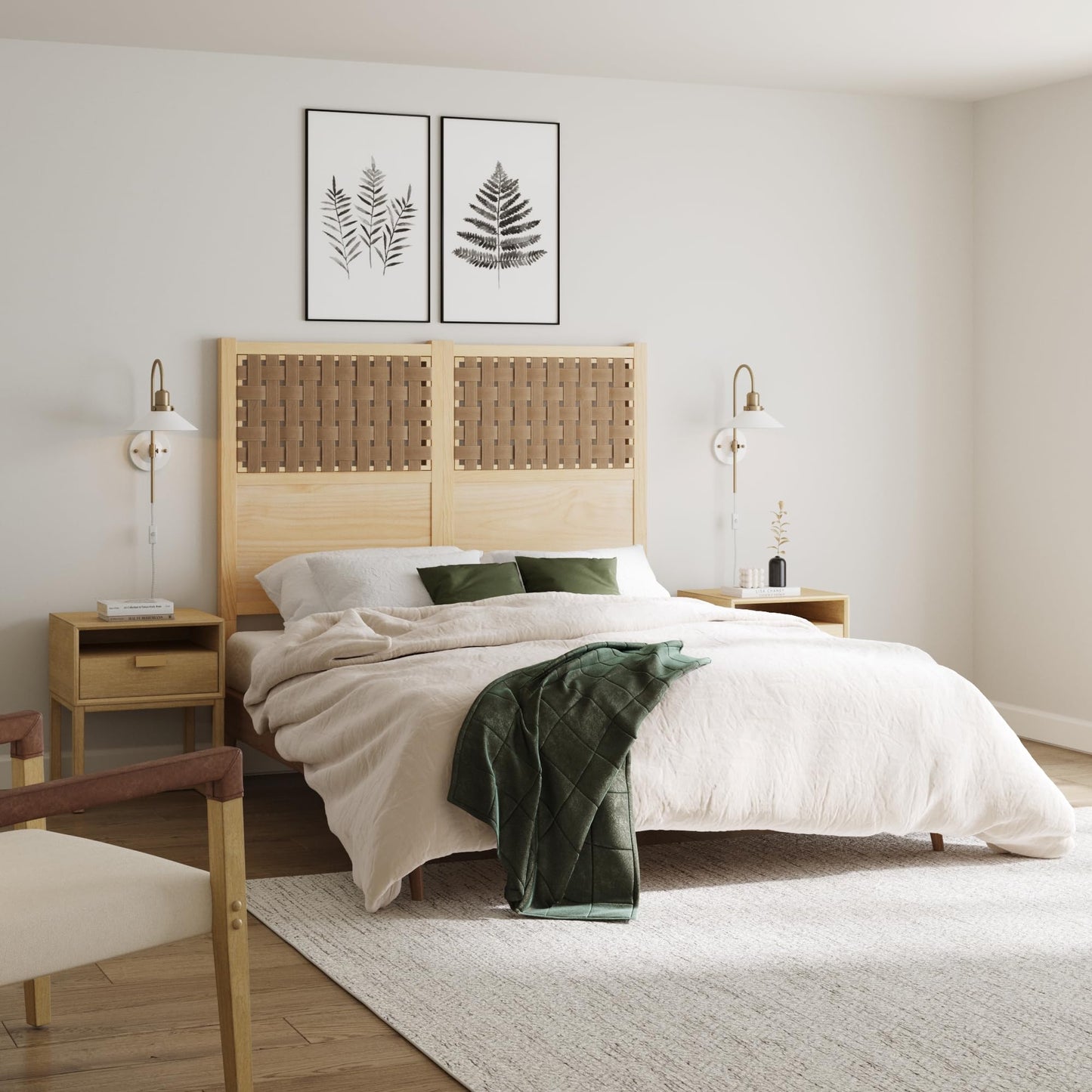 Nathan James Evelyn Scandinavian Brushed Finish and Faux Leather Weave Headboard, Queen, Natural Brown Wood