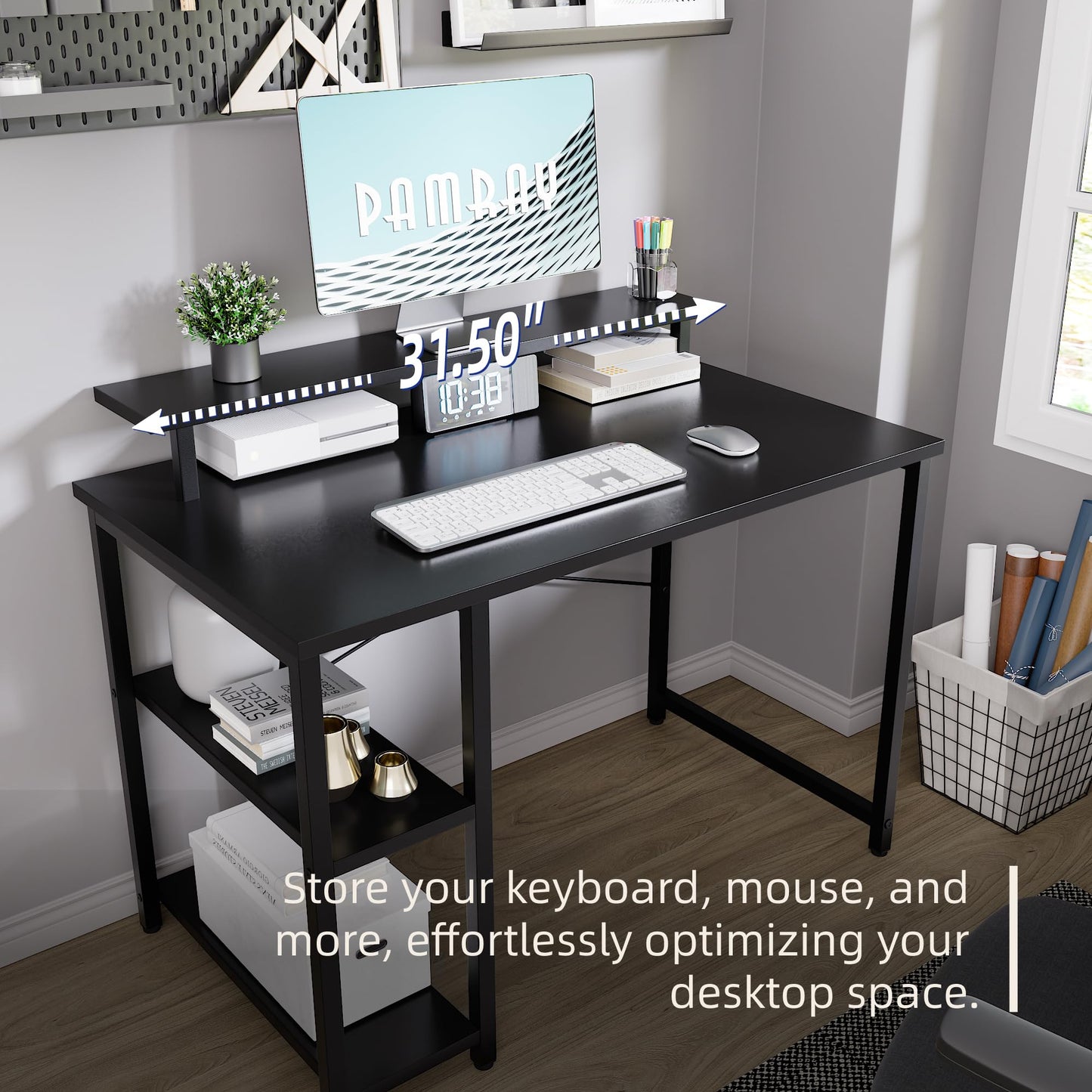 Pamray 33.5 Inch Small Computer Desk with Monitor Stand and Shelves