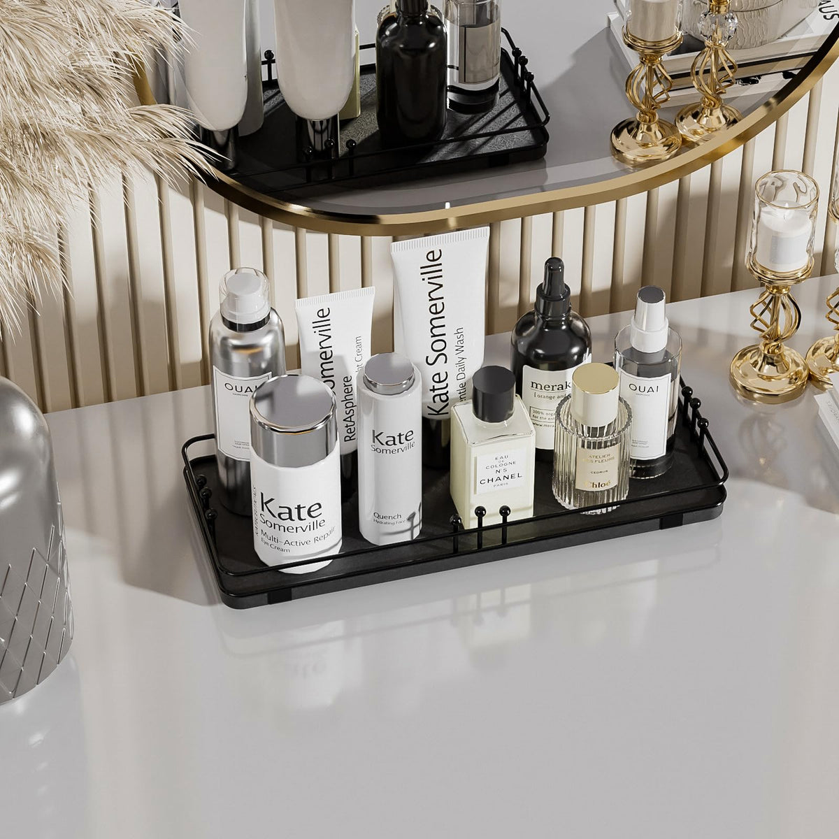 Pursura Bathroom Vanity Tray for Countertop Toiletries Perfume Makeup Soap Dispenser Toilet Tank, Kitchen Tray for Salt Spice, Black Decor Tray for Candle Nightstand Coffee 11.3”x 4.4”