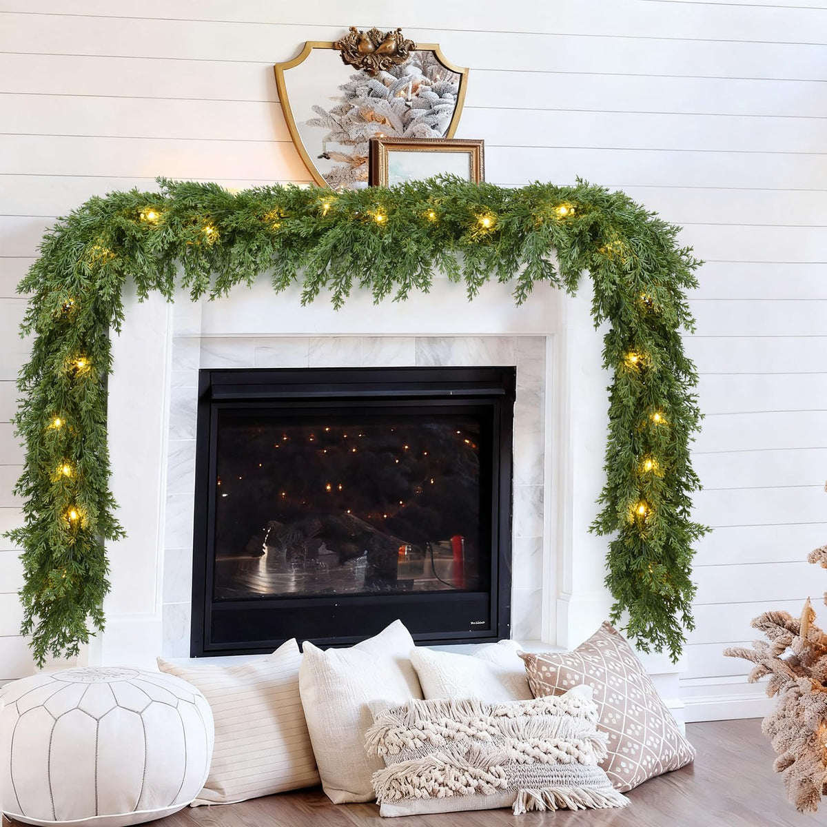 Lvydec Lighted Christmas Pine Garland Decoration, 9ft Realistic Cedar Cypress Garlands Christmas Greenery Garland with Lights for Holiday Mantel Fireplace Table Centerpiece (9ft)