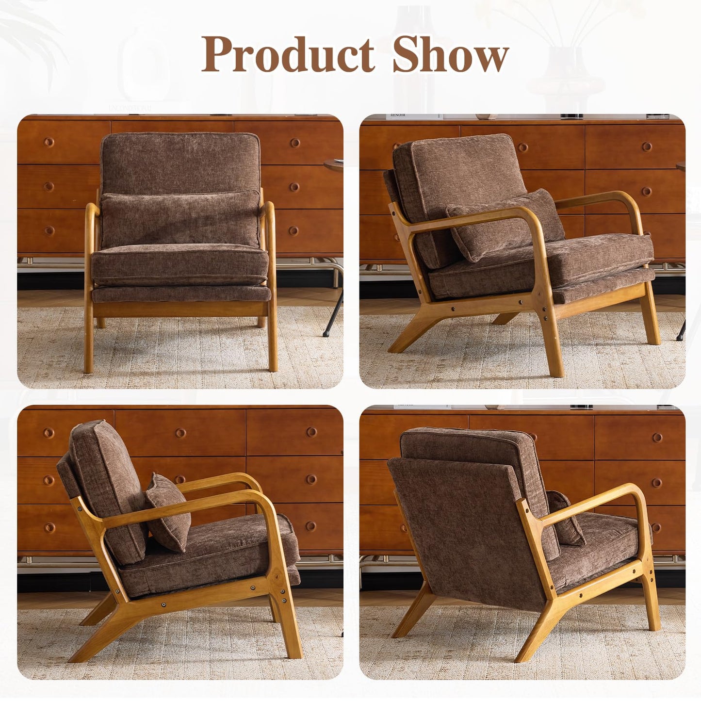 Karl home Mid Century Modern Accent Chair with Lumbar Pillow & Oak Arms – Plush Chenille Living Room Chair for Bedroom, Lounge (Brown)