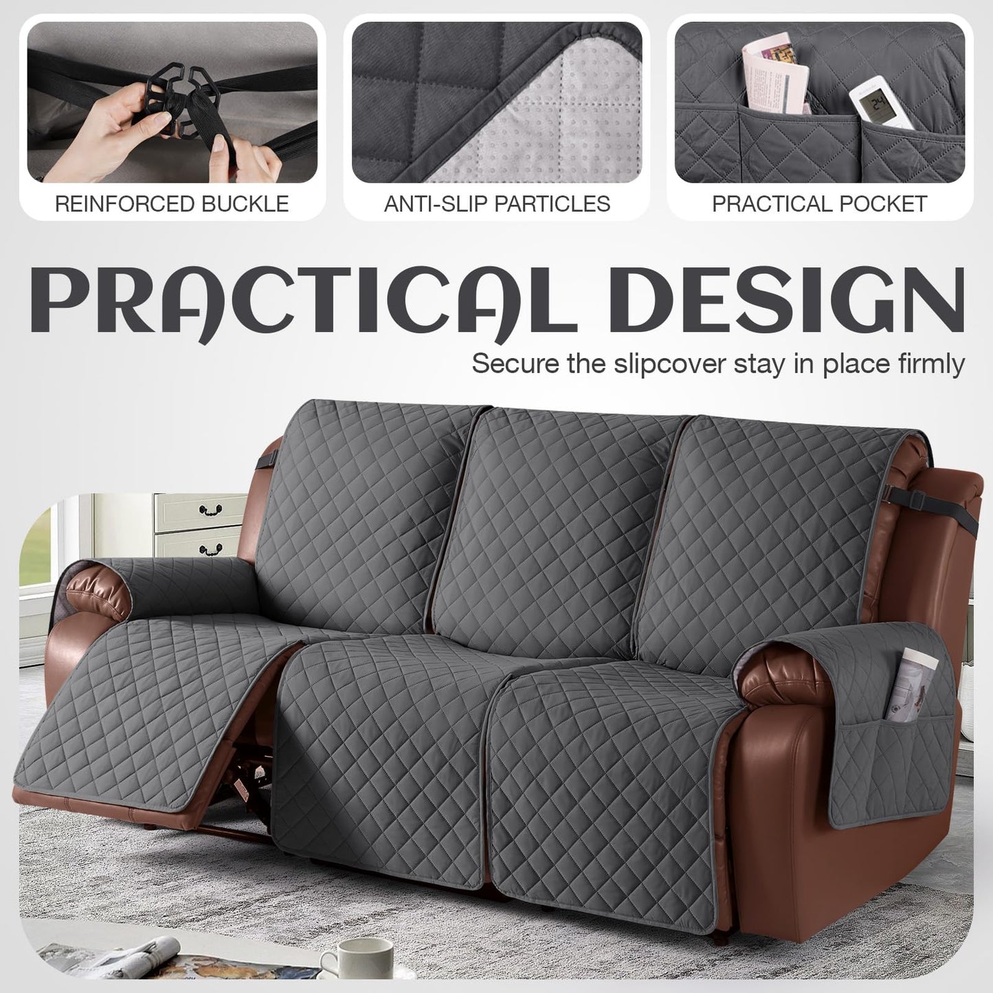 KinCam Waterproof Recliner Sofa Cover, Non-Slip Reclining Couch Covers for 3 Seat, Recliner Couch Cover Furniture Protector with Elastic Straps for Pets, Kids, Charcoal Gray