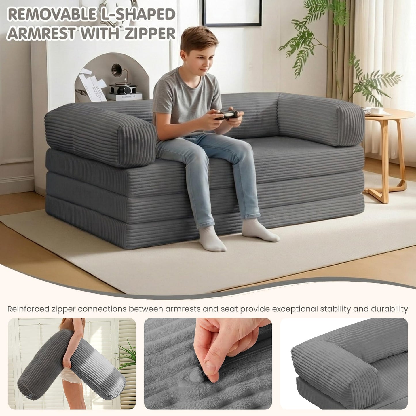 NLDD Convertible Sofa Bed King,5-in-1 Folding Boneless Couch Corduroy Futon Sofa Bed,Tri-Fold Mattress with Removable Armrests & Handle,Sleeper with Pull Out Bed for Small Space Living Room Bedroom