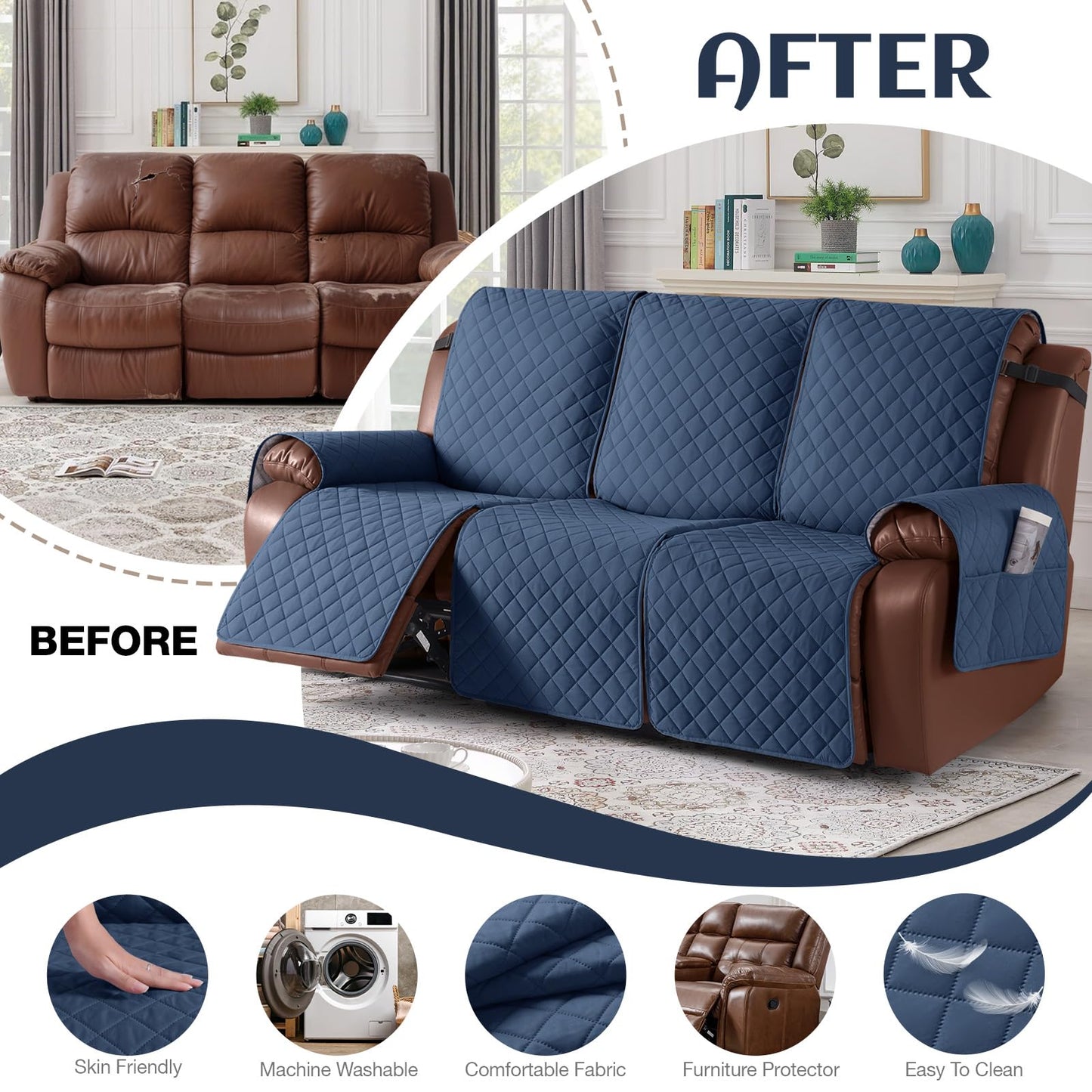KinCam Waterproof Recliner Sofa Cover, Non-Slip Reclining Couch Covers for 3 Seat, Recliner Couch Cover Furniture Protector with Elastic Straps for Pets, Kids, Blue