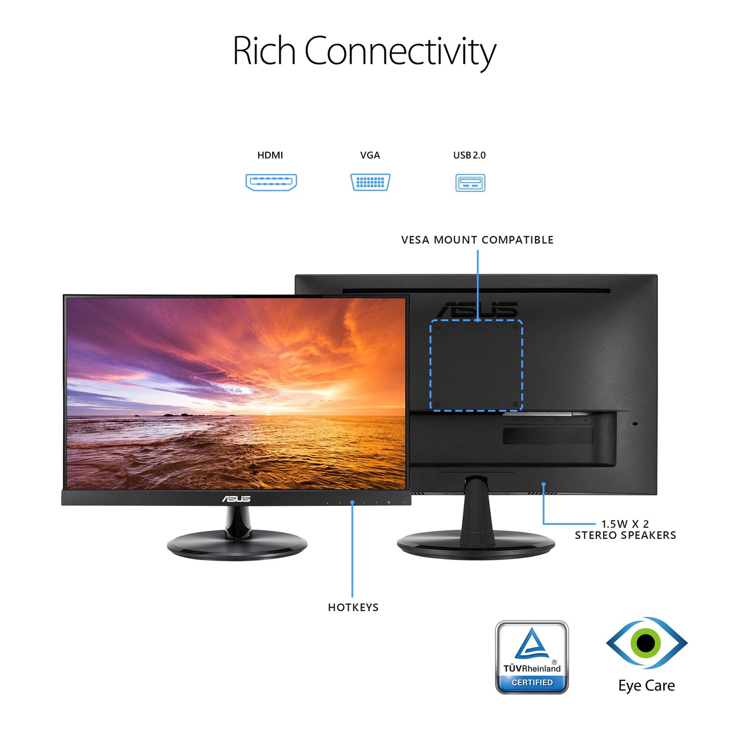 ASUS VT229H 21.5" Monitor 1080P IPS 10-Point Touch Eye Care with HDMI VGA, Black