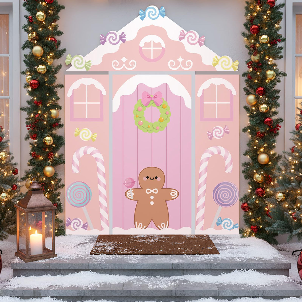 Hahafelt 4 Pcs Pastel Candy Christmas Gingerbread Door Covers Decoration Xmas Pink Gingerbread House Candy Door Backdrop Christmas Photo Booth Props Porch Sign for Holiday Classroom Home Party Decor