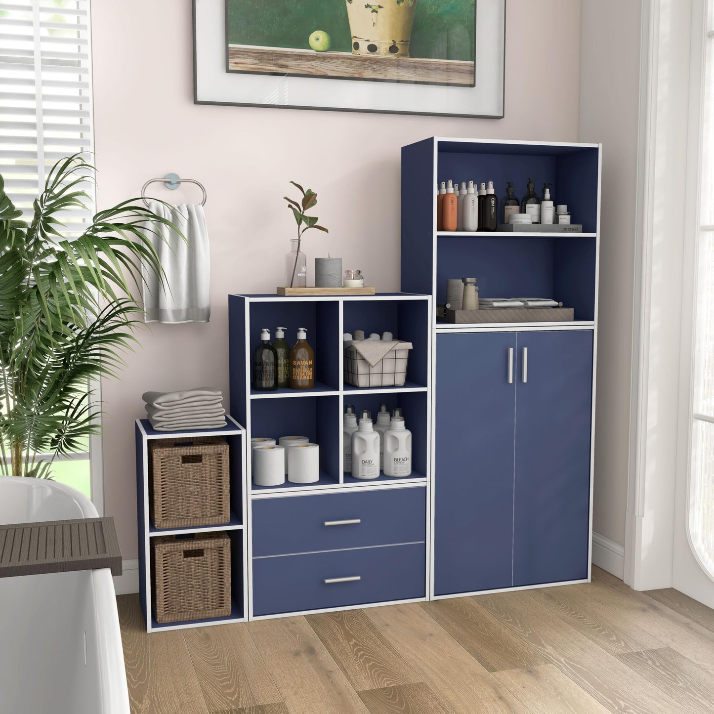 Homes: Inside + Out Apexa 4-Cube Storage Organizer Shelves, Stackable Wood Bookcase Fits Cubby Bins for Organization, Dorm Teen Room Decor & Home Office, Steel Blue