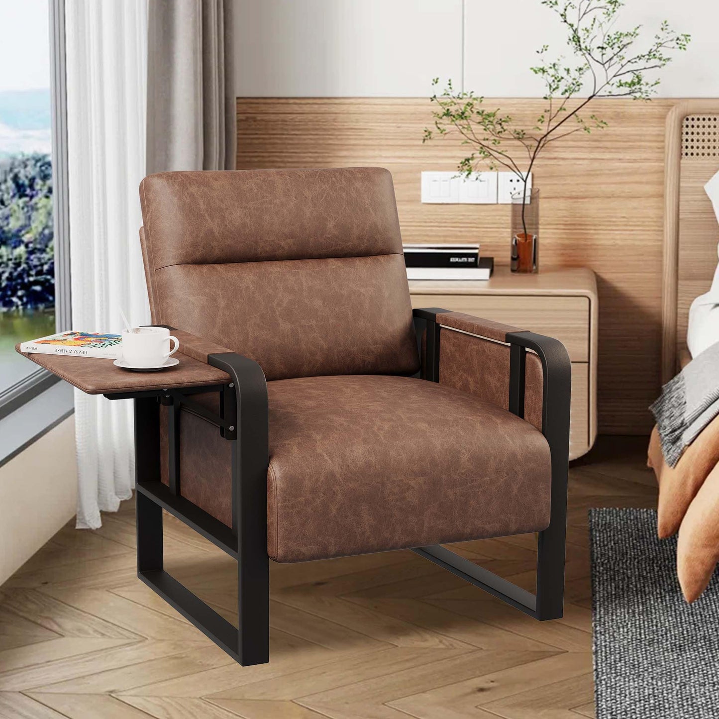 Apeaka PU Leather Accent Chair with Foldable Table, Modern Upholstered Armchair for Living Room Bedroom Office Side Chairs Dark Brown