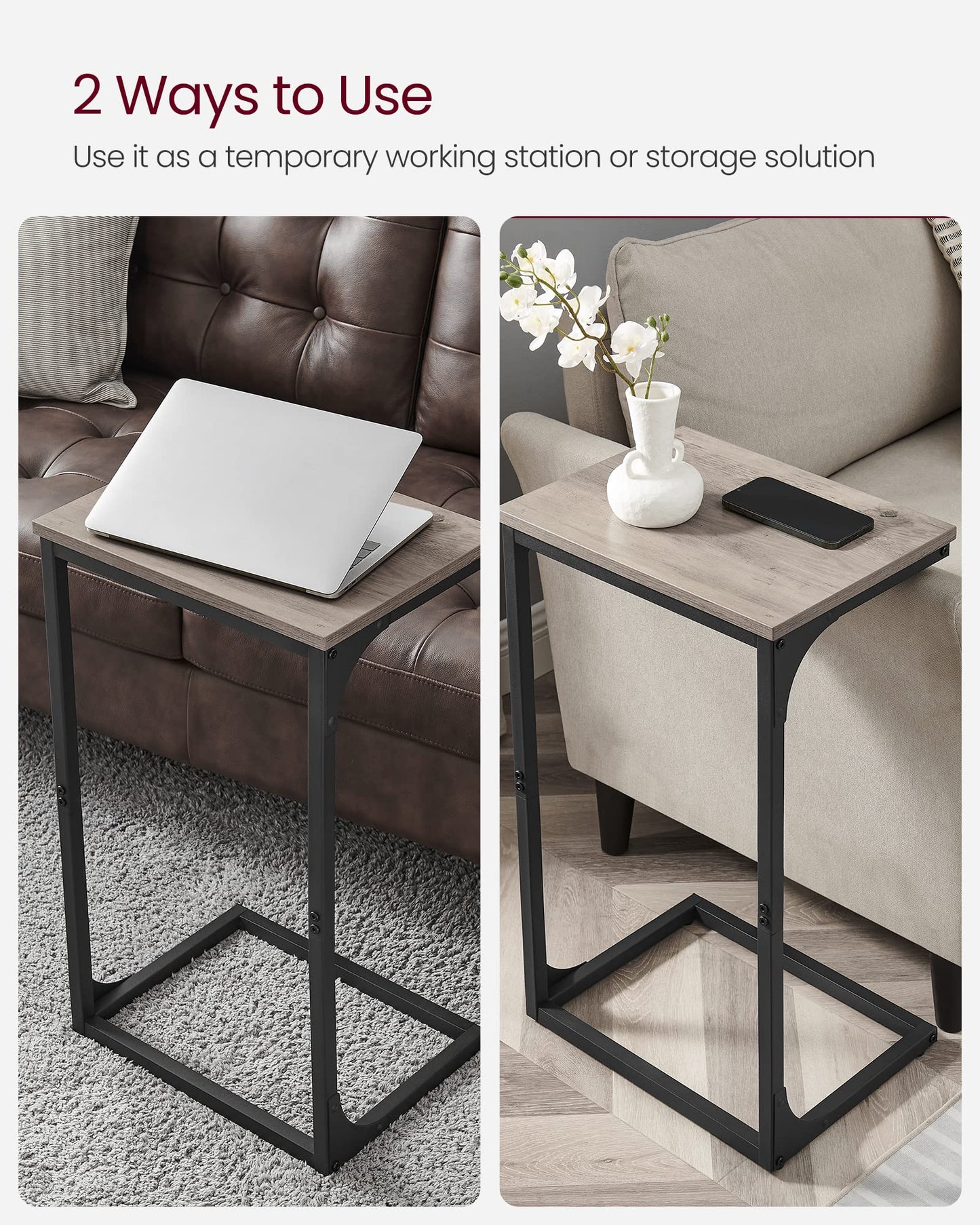 VASAGLE C-Shaped End Table, Side Table for Sofa, Couch Table with Metal Frame, Small TV Tray Table for Living Room, Bedroom, Greige and Black ULET353B02