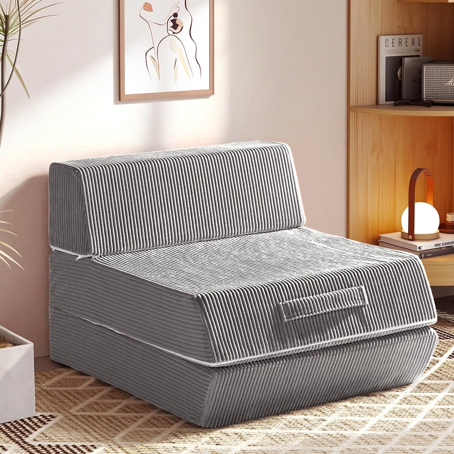 Trenda Folding Sofa Bed, 16lbs Convertible Sleeper Chair with Removable Back Pillow & Handle, Washable Cover Solid Foam Fold Out Chair Bed for Living Room, Apartment, Guest, Single, Light Grey