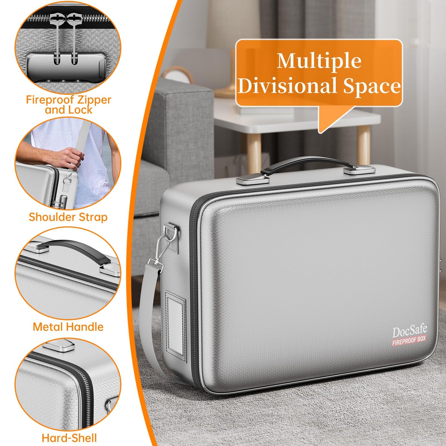 DocSafe Fireproof Document Box with Lock, Hard Case File Organizer with Accordion File Folder, Fireproof Water Resistant Safe Box Home Office Travel Storage for Important Documents Laptop Silver